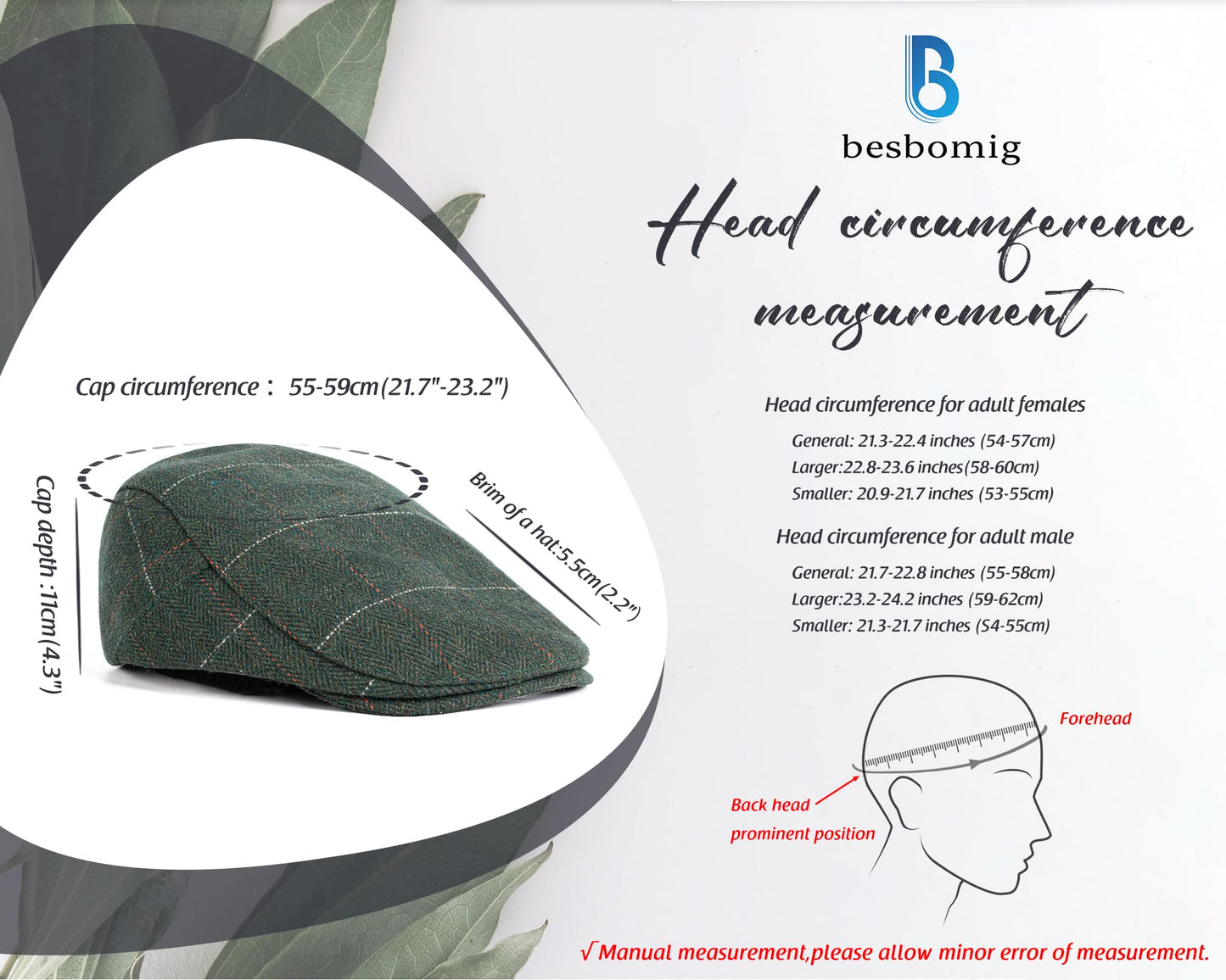 besbomig Schiebermütze Barret Flat Cap Schirmmütze für Herren Damen, Gatsby Newsboy Cap Baskenmützen Golfermütze, Frühling Herbst Winter, 55-59cm