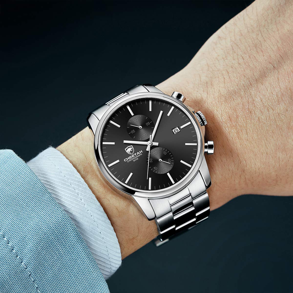 Herrenuhren mit lässiger wasserdichter Chronographen Quarzuhr aus Edelstahl und Metall, Auto Date in farbenfrohen Zeigern