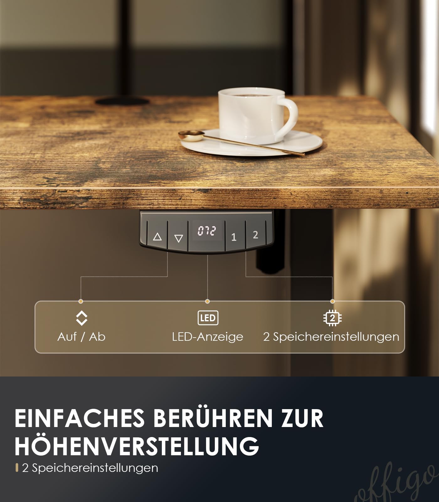 OffiGo Höhenverstellbarer Schreibtisch, 120 cm Elektrischer Schreibtisch, Ergonomischer Tisch mit Memory-Funktion, Gaming Tisch Höhenverstellbar, Moderner Computertisch für Zuhause und Büro, Weiß