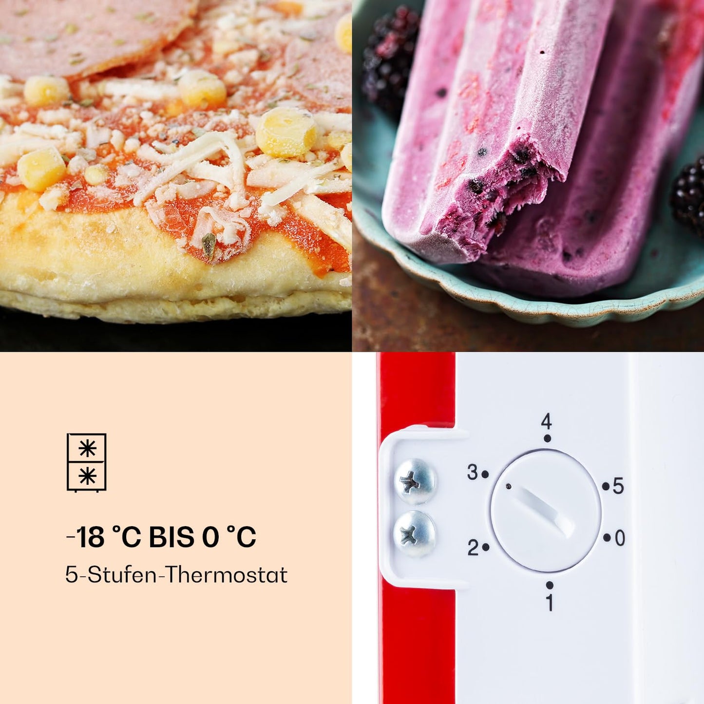 Klarstein Laika freezer - 60 litres total volume, thermostat with 5 levels, 0 to -18 °C, 3 shelves, freestanding, retro design, red