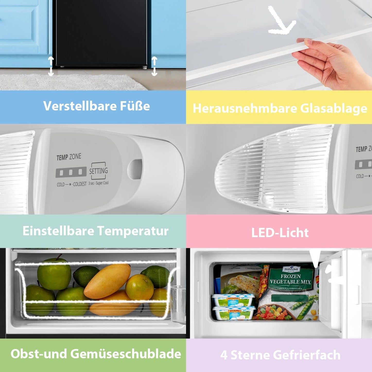 Comfee' RCD115DK2 Kühlschrank mit Gefrierfach/ 80L Tischkühlschrank/Obst- und Gemüsefach/ 84,5cm Höhe / 47,5cm Breite / 137kWh/Jahr/Einstellbare Temperaturregelung/Verstellbare Füße/Schwarz