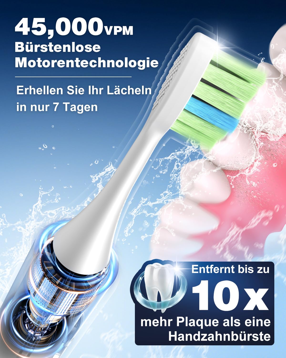 Elektrische Zahnbürste, Schallzahnbürste, Zahnbürste Elektrisch 45000VPM, Aufhellung Der Zähne In 1 Woche, 120 Tage Akkulaufzeit, Batteriestandsanzeige, 6 DuPont-Bürstenköpfe, 5 Modi, Timer, Schwarz