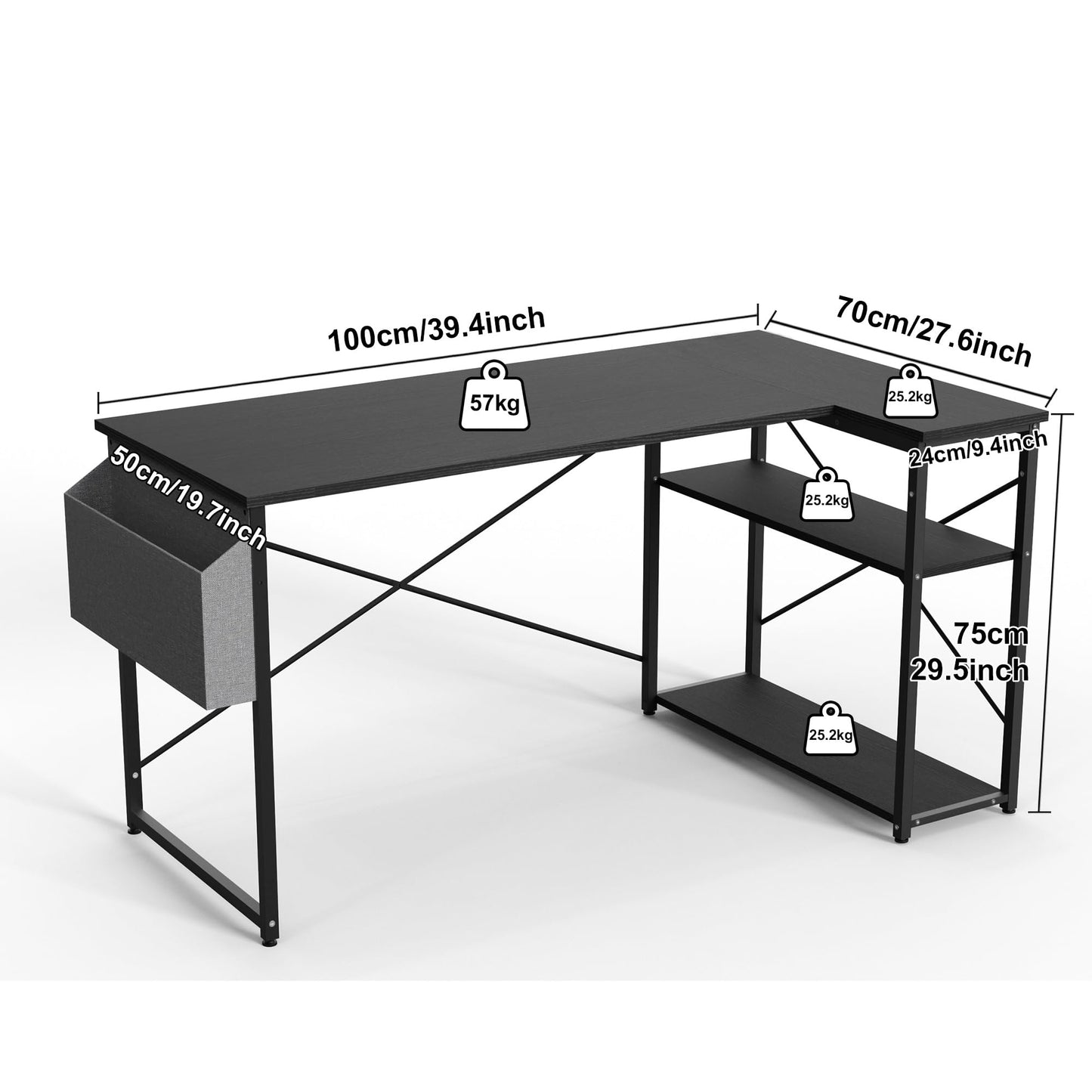 BEXEVUE L-förmiger Schreibtisch – 100x70 cm Gaming Tisch mit Ablagefächer, Umkehrbarer PC Ecktisch Computertisch, Corner Gaming Tisch für Studium Arbeit Zuhause Schlafzimmer, Schwarz