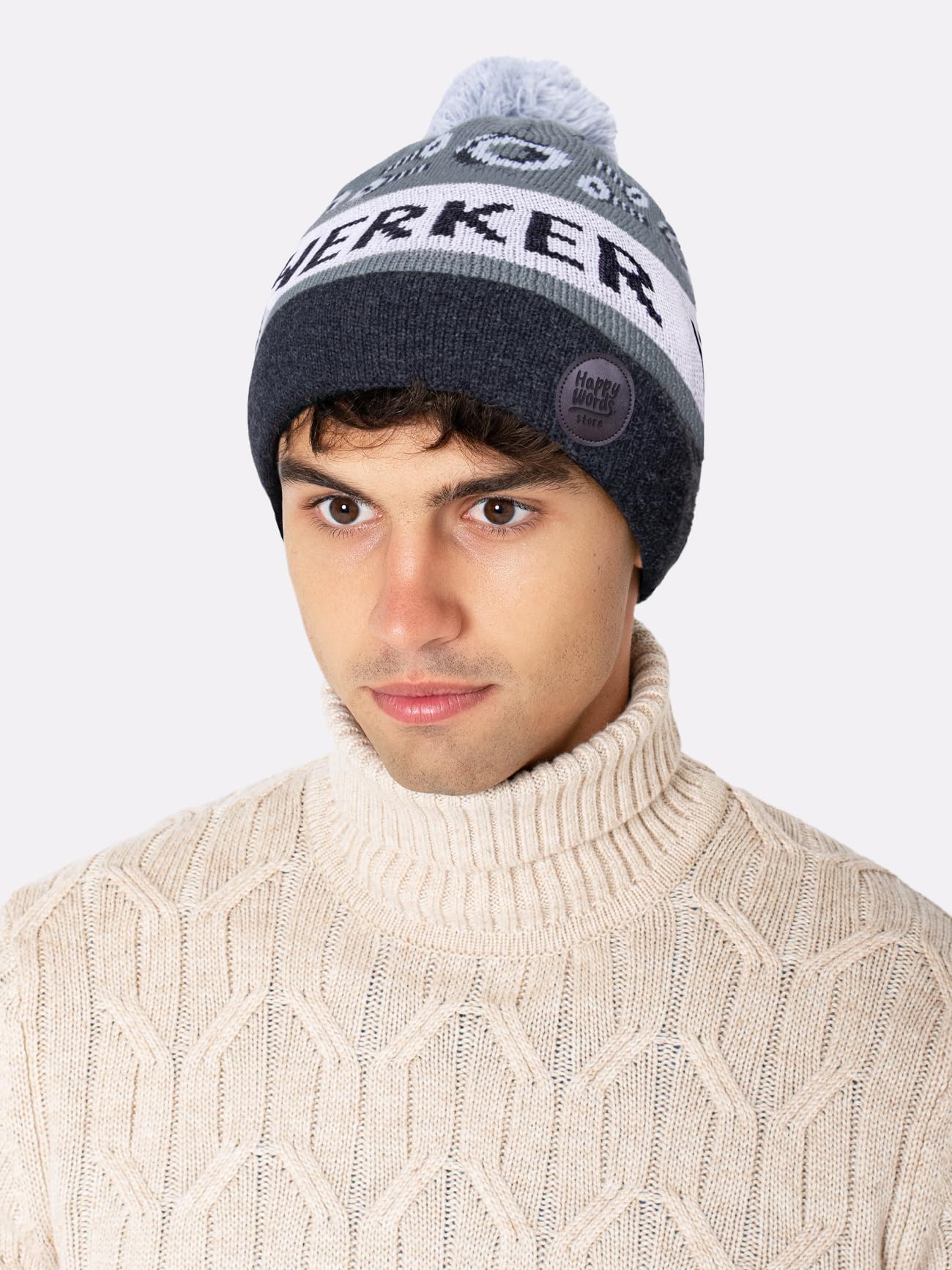 Happy Words Hats, Hats & Caps for Men and Women - Men's Hat with Bobble - Warm Winter Hat with Colourful Pattern - Knitted Hat Made of Acrylic Fabric - Gifts for Women and Men
