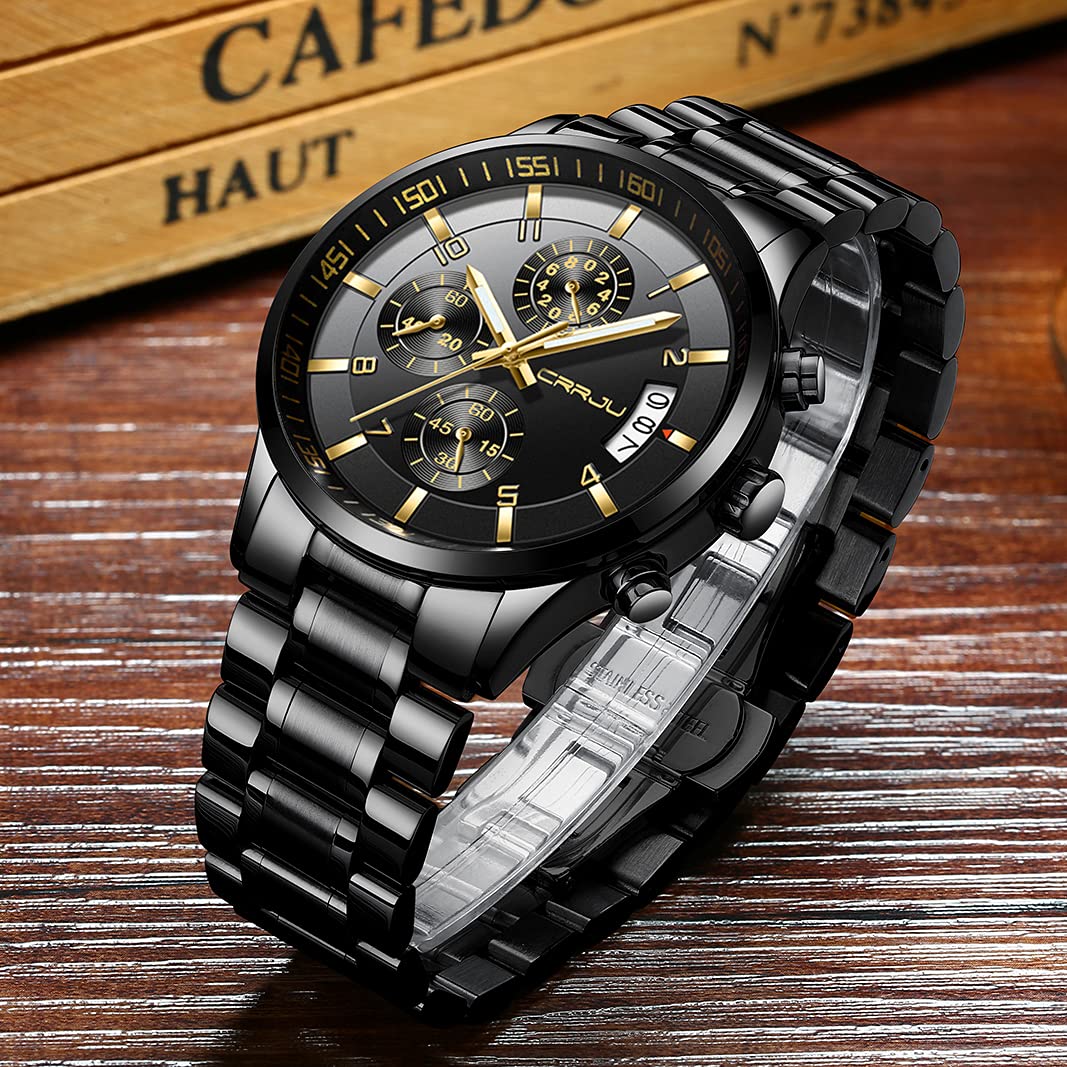 CRRJU Herren Uhr Business Edelstahl wasserdichte Chronographen mit Kalender Armbanduhr Edelstahlband Stoppuhr Analog Quarzuhr