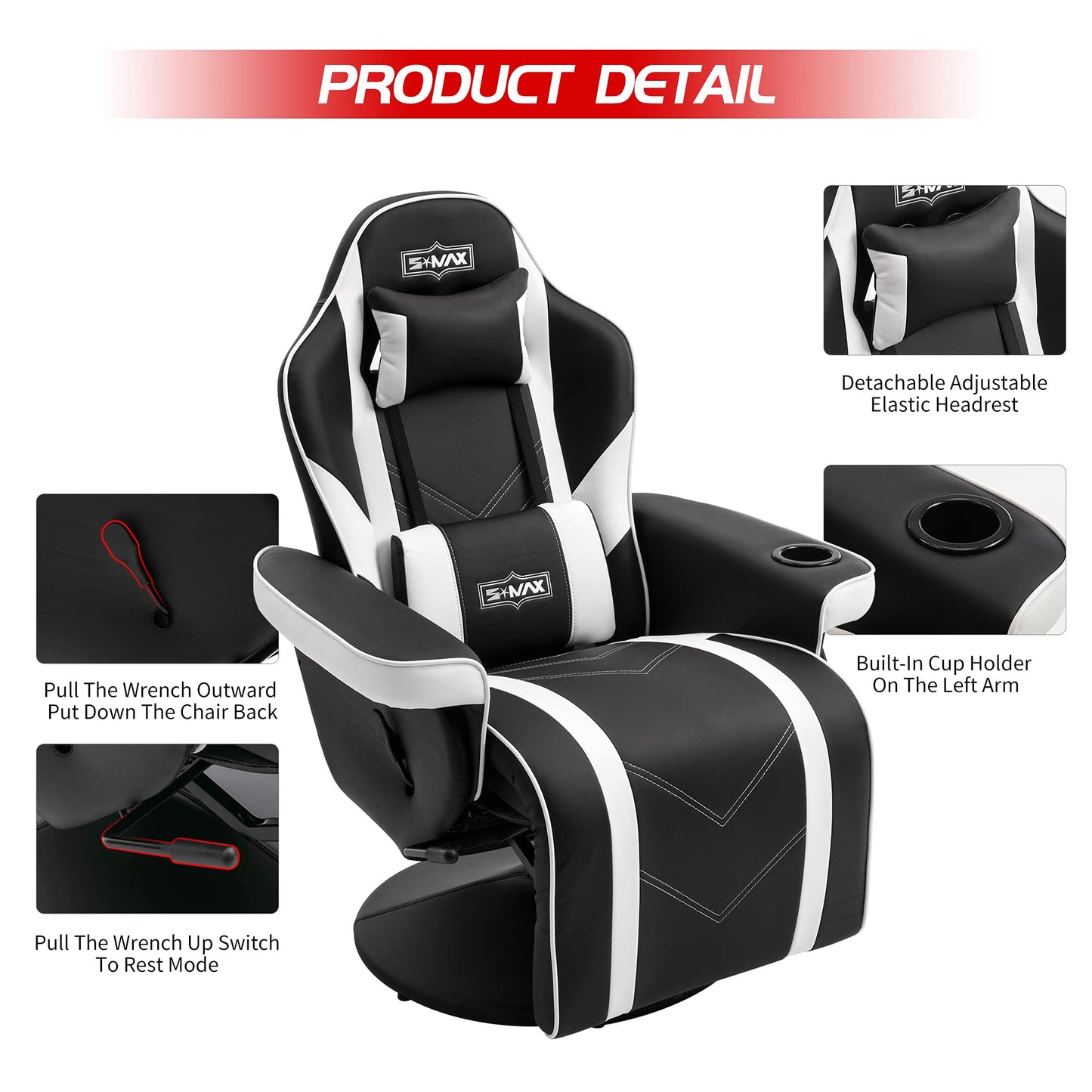 S*MAX Gaming Stuhl mit Fußstütze Gaming Sessel hoher Rückenlehne mit Verstellbarer Rückenlehne Becherhalter Seitentasche Gaming Stühle für Erwachsene Schwarz