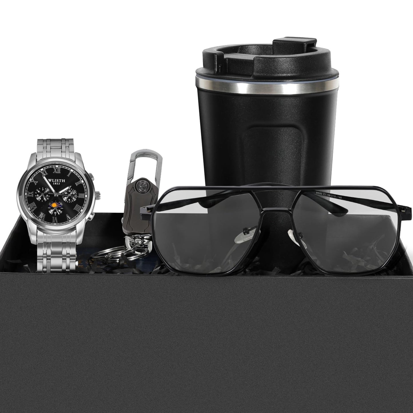 BSTcentelha Herren-Armbanduhr, Kunstleder, Quarz, analog, Gürtel, Schlüsselanhänger, Sonnenbrille, Geschenkset, Dunkelblau zum Valentinstag