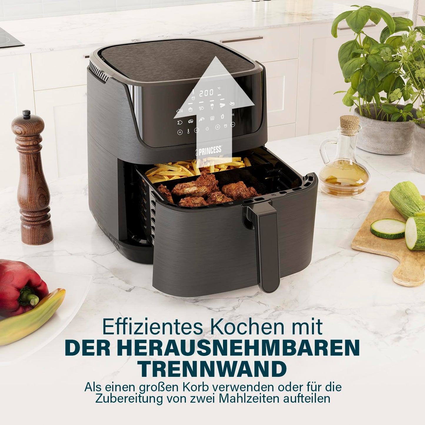 Princess Digital Hot Air Fryer - 6.5 L - with Removable Divider - 60 Percent Less Energy Consumption - Digital Touchscreen - 12 Programmes - Oil Free - Black - 182061