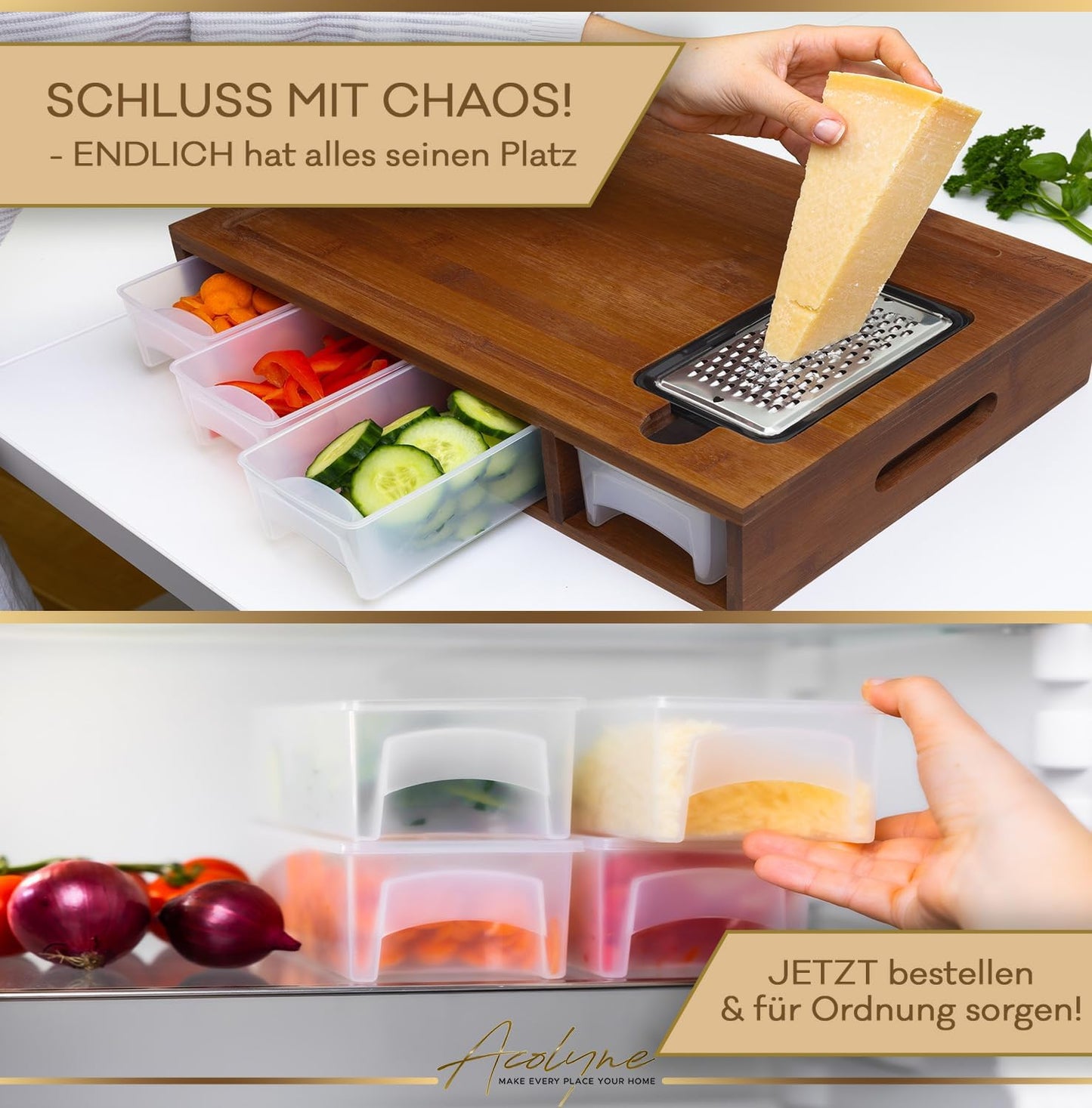 𝐀𝐜𝐨𝐥𝐲𝐧𝐞® XXL Schneidebrett mit Auffangschale KARBONISIERTEN BAMBUS mit 4x Schäler-Aufsatz und Abdeckung Frankfurter Brett Schneidebrett Holz Cutting board Wood multifunktionales Küchen Set