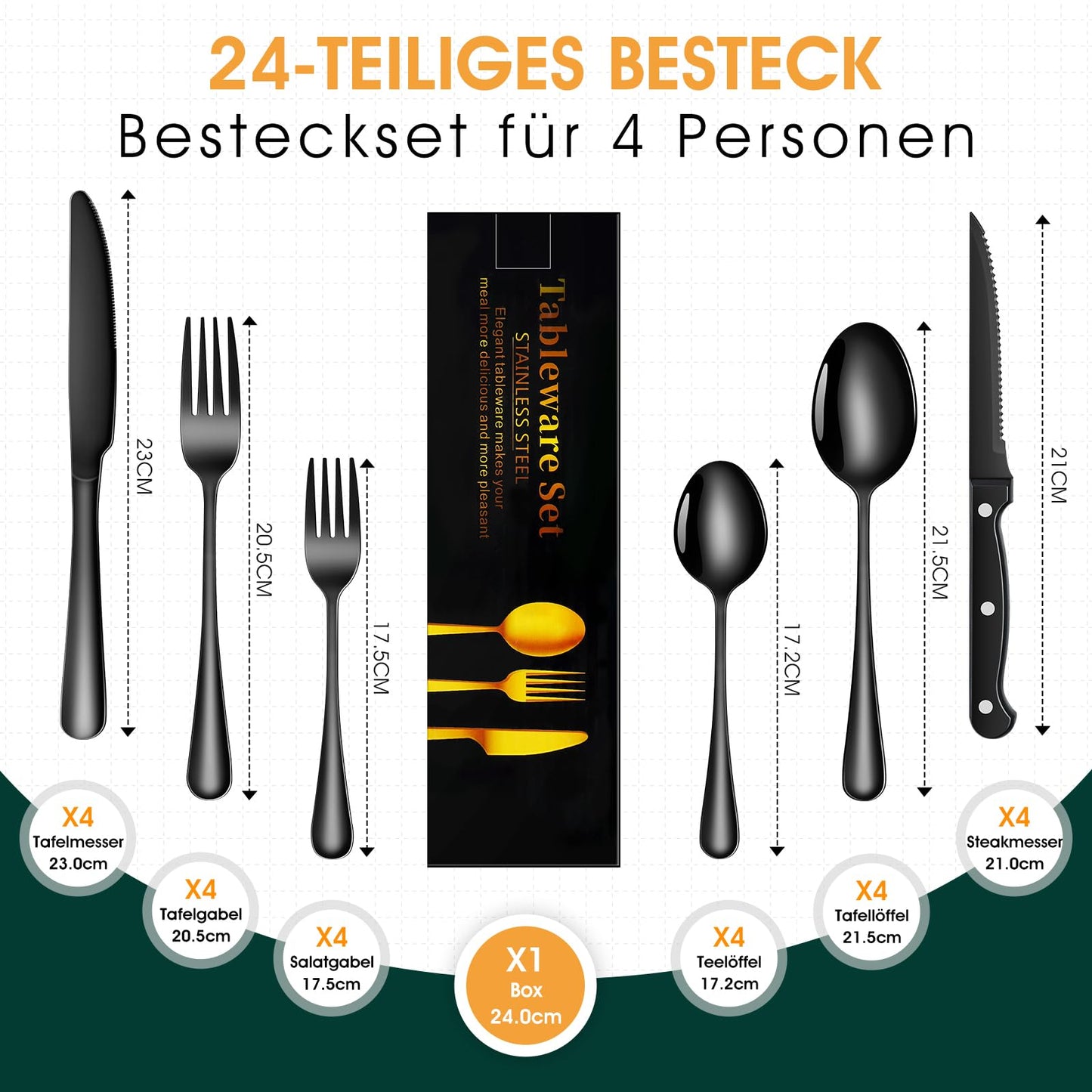 TAN REN Besteck Set Schwarz 6 Personen, 36-Teiliges Edelstahl Besteckset Schwarz mit Steakmesser, Elegantes Essbesteck mit Messer Gabel Löffel, Tafelbesteck für Küche/Restaurant