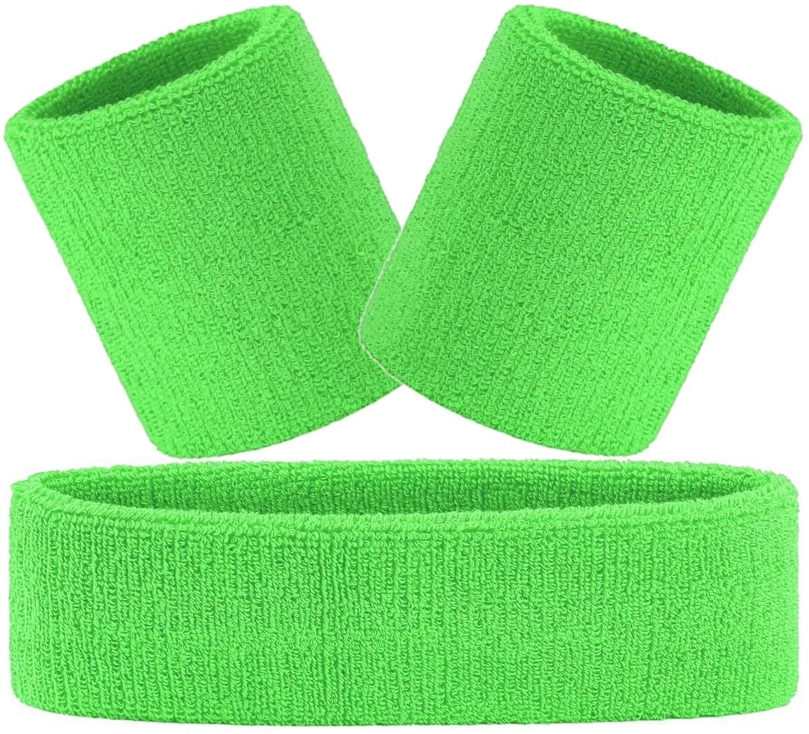 Hatstar 3-teiliges Schweißband Set | 1x Stirnband + 2X Schweißbänder für Handgelenke | Stirnband Damen & Herren | Accessoire für Karneval & Fasching Aerobic Kostüm