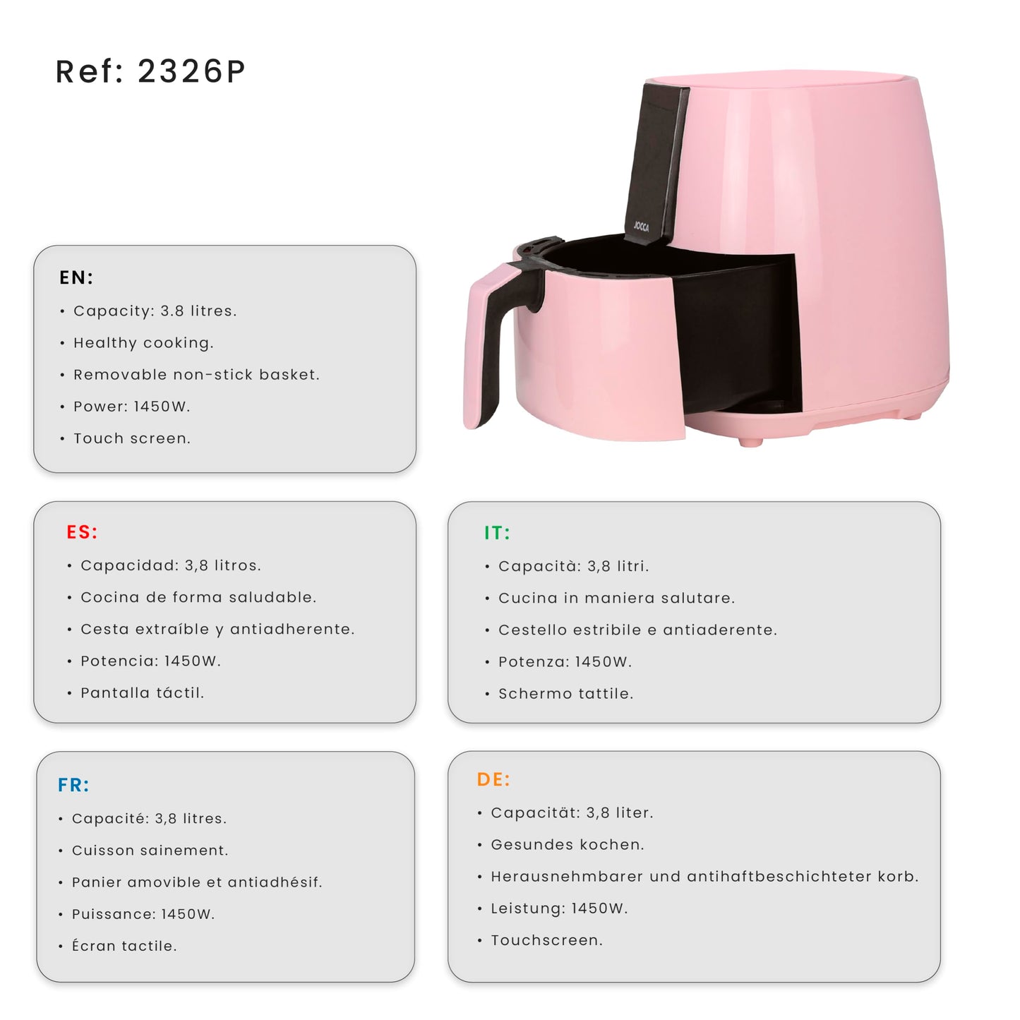Jocca Heißluftfritteuse Sweet Line, 3,8L Fritteuse, 1450W, 8 Programme, LED Touchscreen, Timer, Rosa