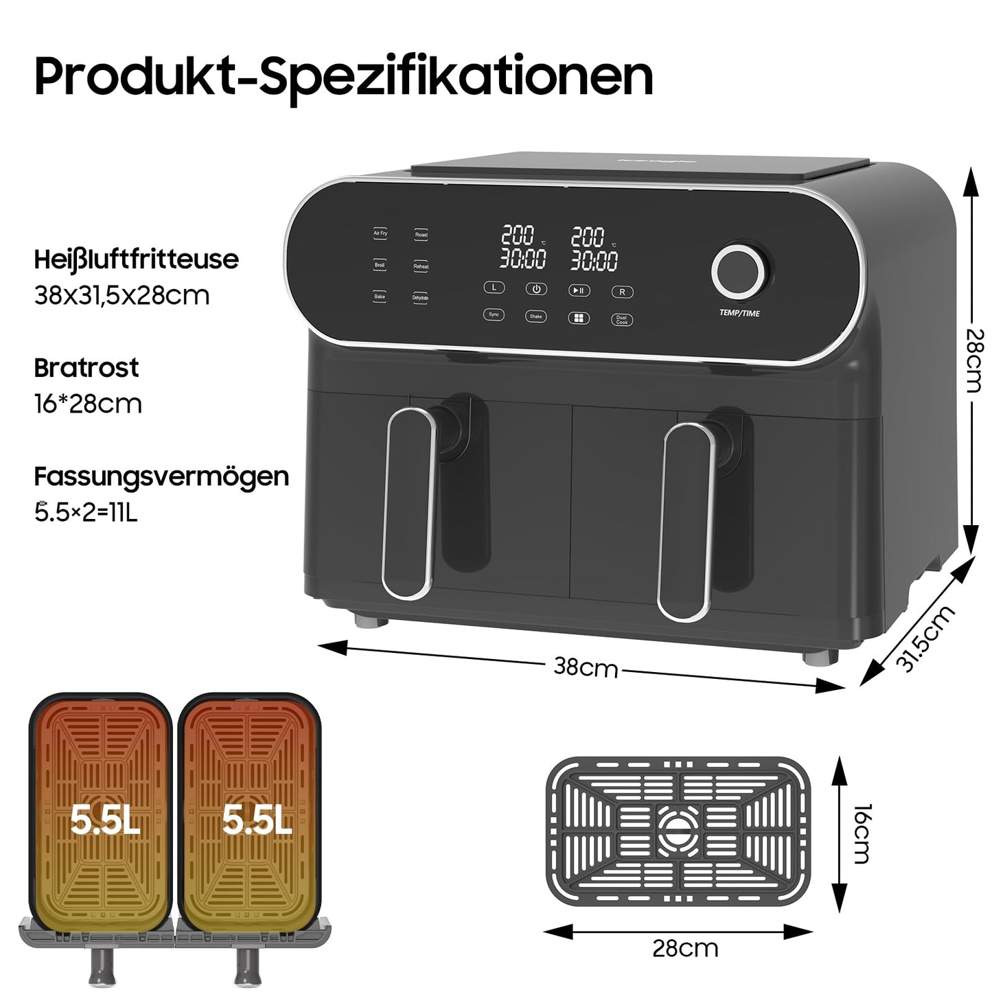 iceagle Heißluftfritteuse 6,5 L Airfryer XL - Fritteuse Ohne Fett mit Metallinnenraum | 1700W Heissluftfriteuse mit 8 Kochprogramme, Digitalem Display, mit deutschem Rezeptbuch