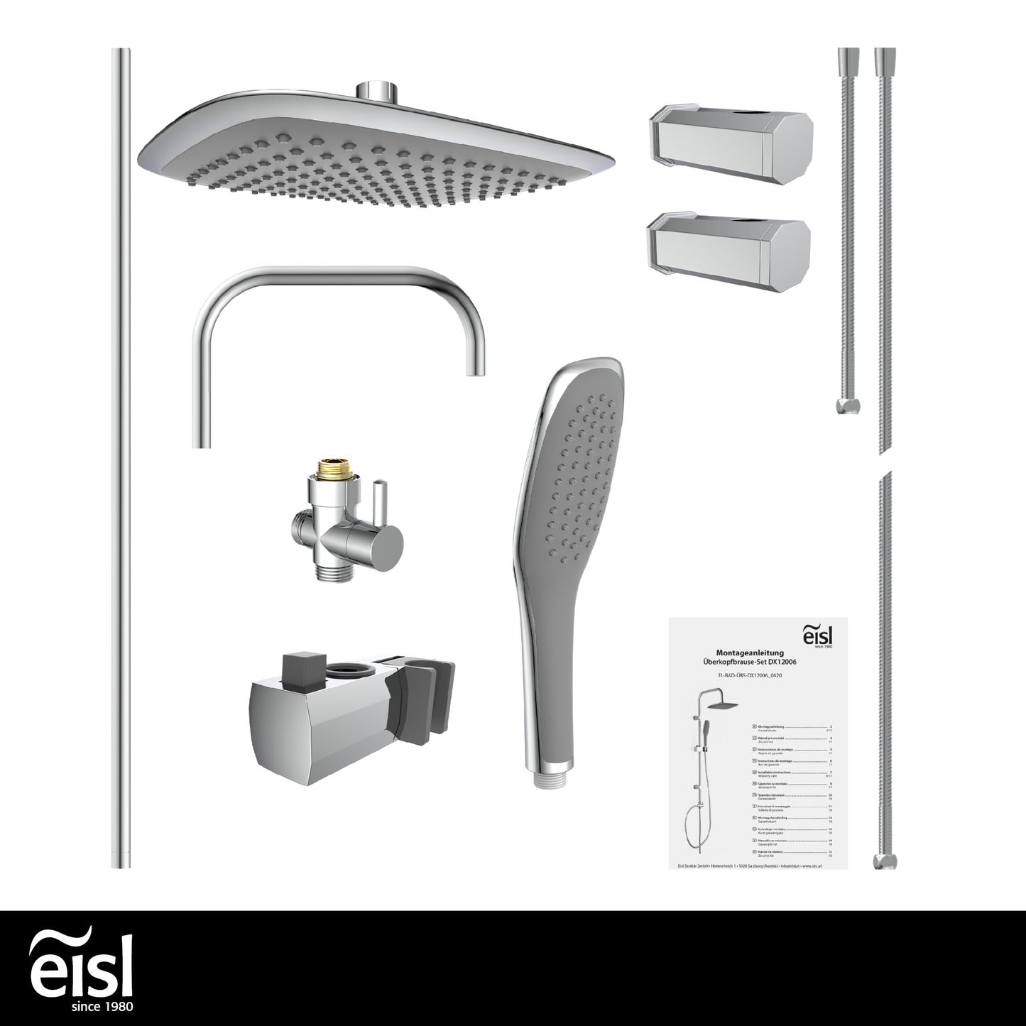 EISL Duschset EASY FRESH, Duschsystem ohne Armatur 2 in 1 mit großer Regendusche (250 x 200 mm) und Handbrause, Regendusche ohne Armatur ideal zum Nachrüsten, komplettes Montageset, Chrom DX12006