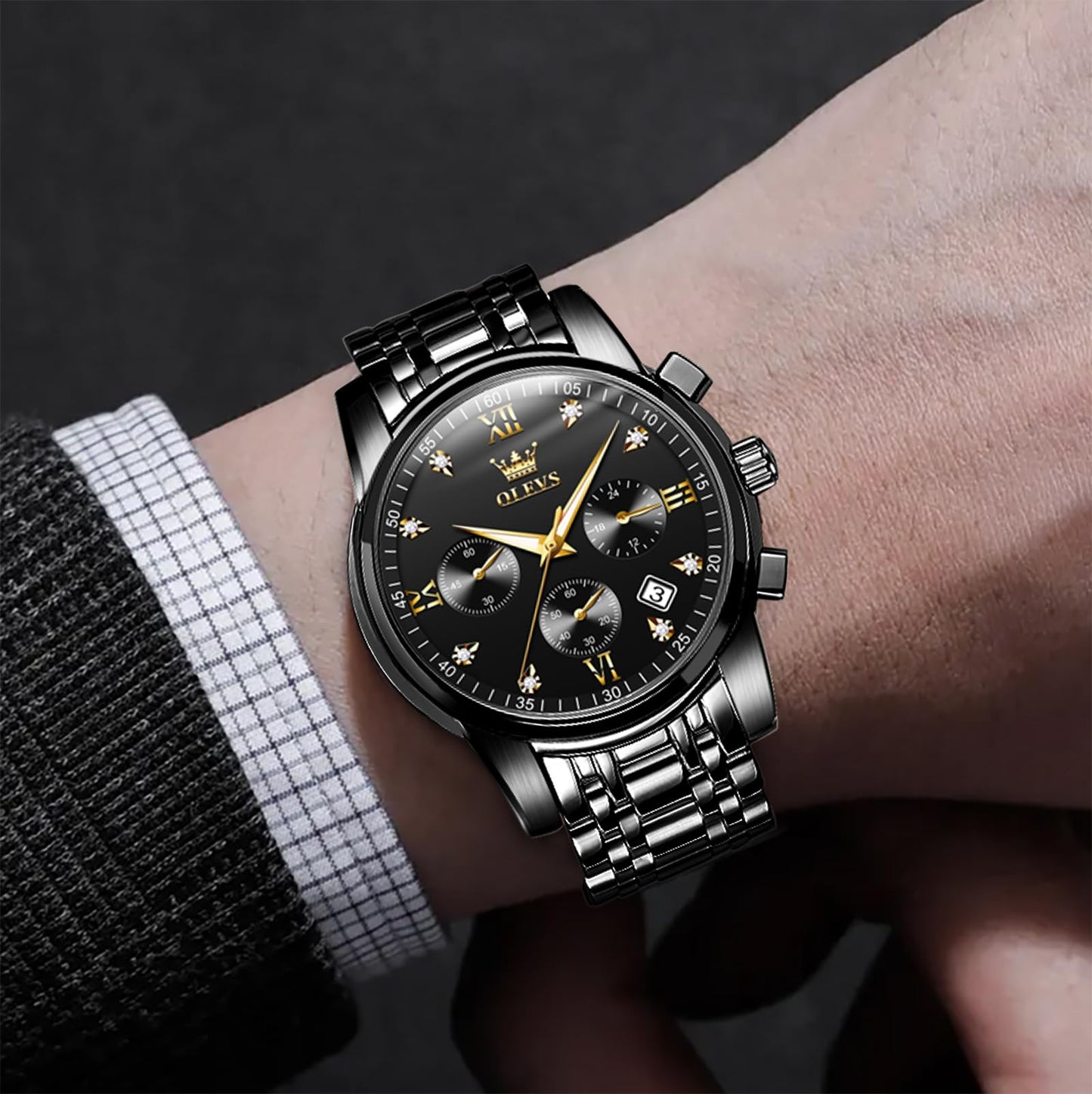 OLEVS Uhren Herren, Edelstahl Analoger Quarzuhr, Multifunktionale Diamanten Herrenuhren, Klassisches Luxuskleid Herrenuhr