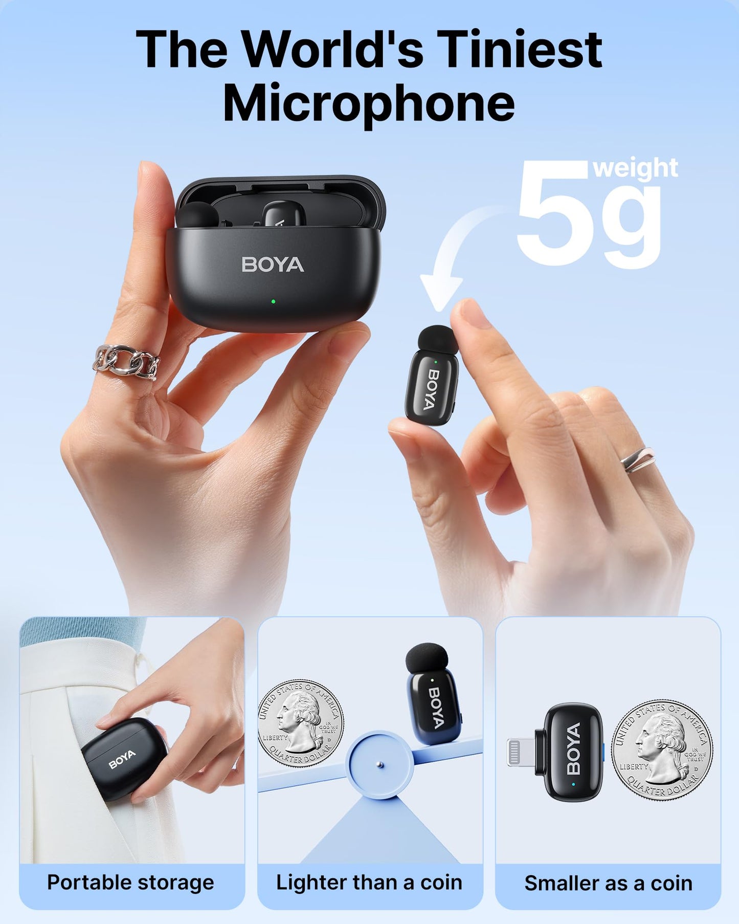 Boya Mini Wireless Lavalier-Mikrofon für Lightning/Type-C, Ultra-Mini-Mikrofon mit AI Voice Change, Rauschunterdrückung und Ladekoffer, Metall-Clip auf Mikrofon Vlogging TikTok YouTube