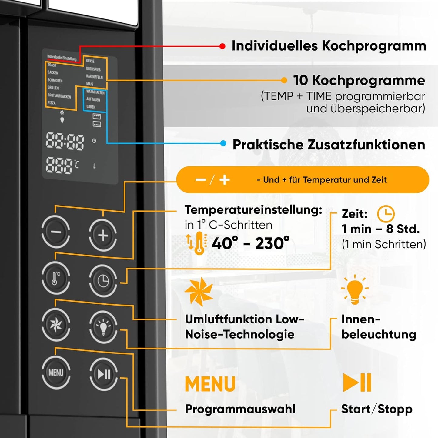 Digital mini oven with convection (45 litres) oven gloves ✓ Recipe book ✓ Double glass door ✓ 2000W ✓ LED display ✓ 13 programmes ✓ Rotary spit ✓ Crumb plate ✓ Timer ✓ Interior lighting