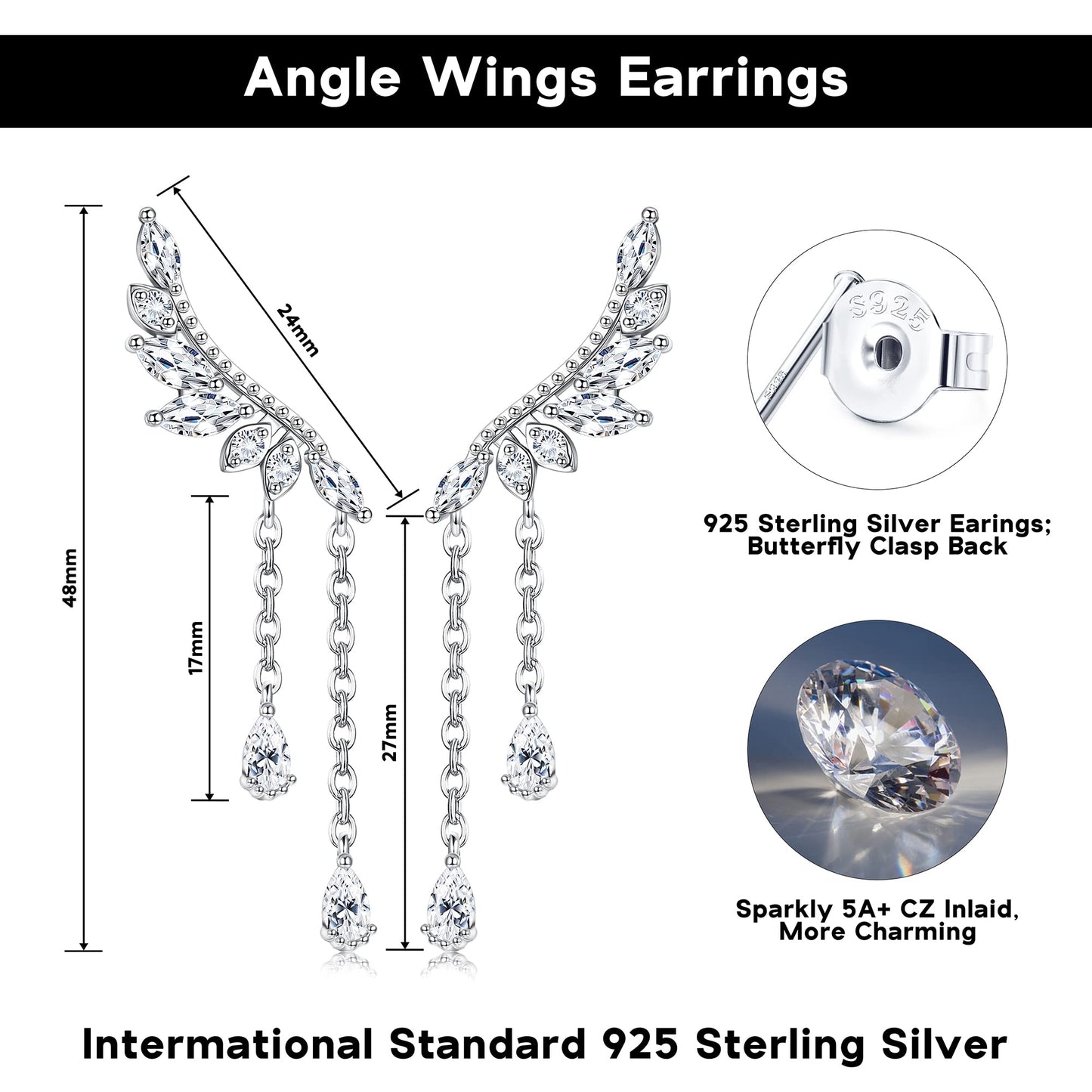 JeweBella 925 Sterling Silver Angel Earrings