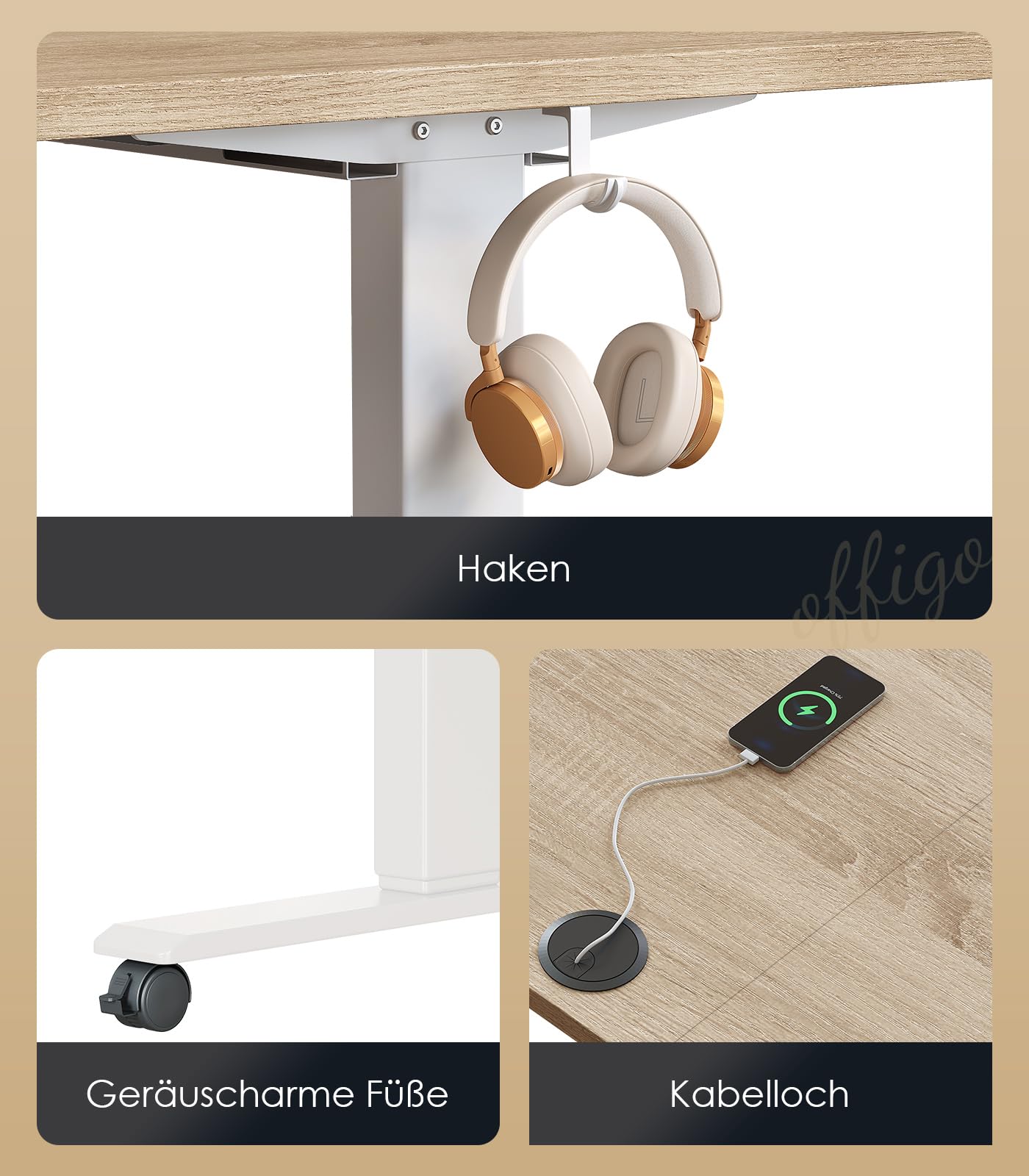 OffiGo Höhenverstellbarer Schreibtisch, 180cm, Elektrischer Schreibtisch mit USB, Schreibtisch Höhenverstellbar mit 2 Memory Funktion, Tisch Höhenverstellbar für Büro, Zuhause, Gaming, Schwarz