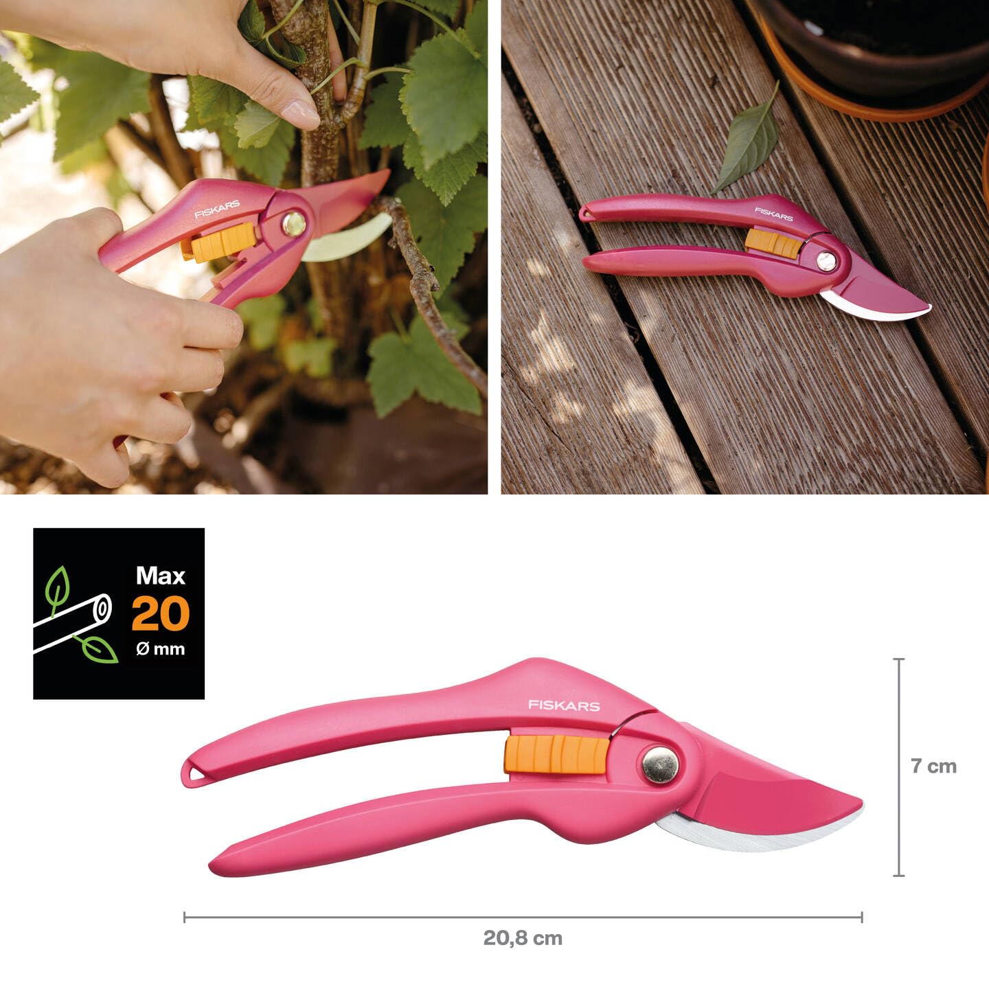 Fiskars Bypass-Gartenschere für frische Äste und Zweige, Antihaftbeschichtet, Hochwertige Stahl-Klingen, Länge: 20 cm, Schwarz/Orange, SingleStep