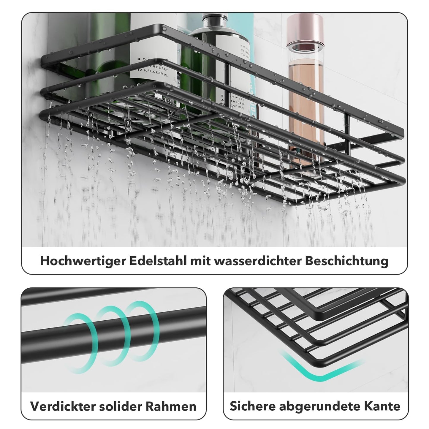 saffruff Duschablage Ohne Bohren 2 Stück Duschregal Duschkorb Badezimmer Organizer, Regal Badregal Shampoo Halterung für Dusche Küche Bathroom, mit 2 Klebeflächen,Edelstahl Schwarz