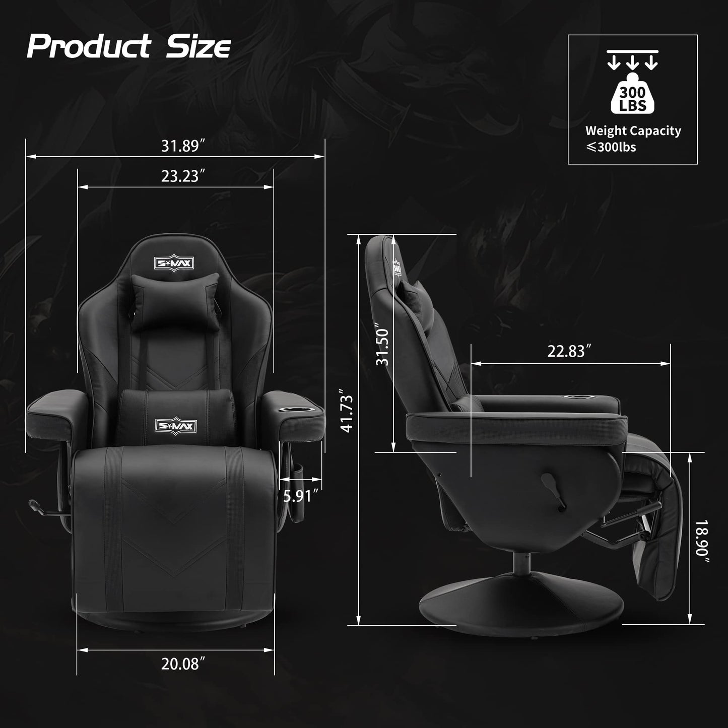 S*MAX Gaming Stuhl mit Fußstütze Gaming Sessel hoher Rückenlehne mit Verstellbarer Rückenlehne Becherhalter Seitentasche Gaming Stühle für Erwachsene Schwarz