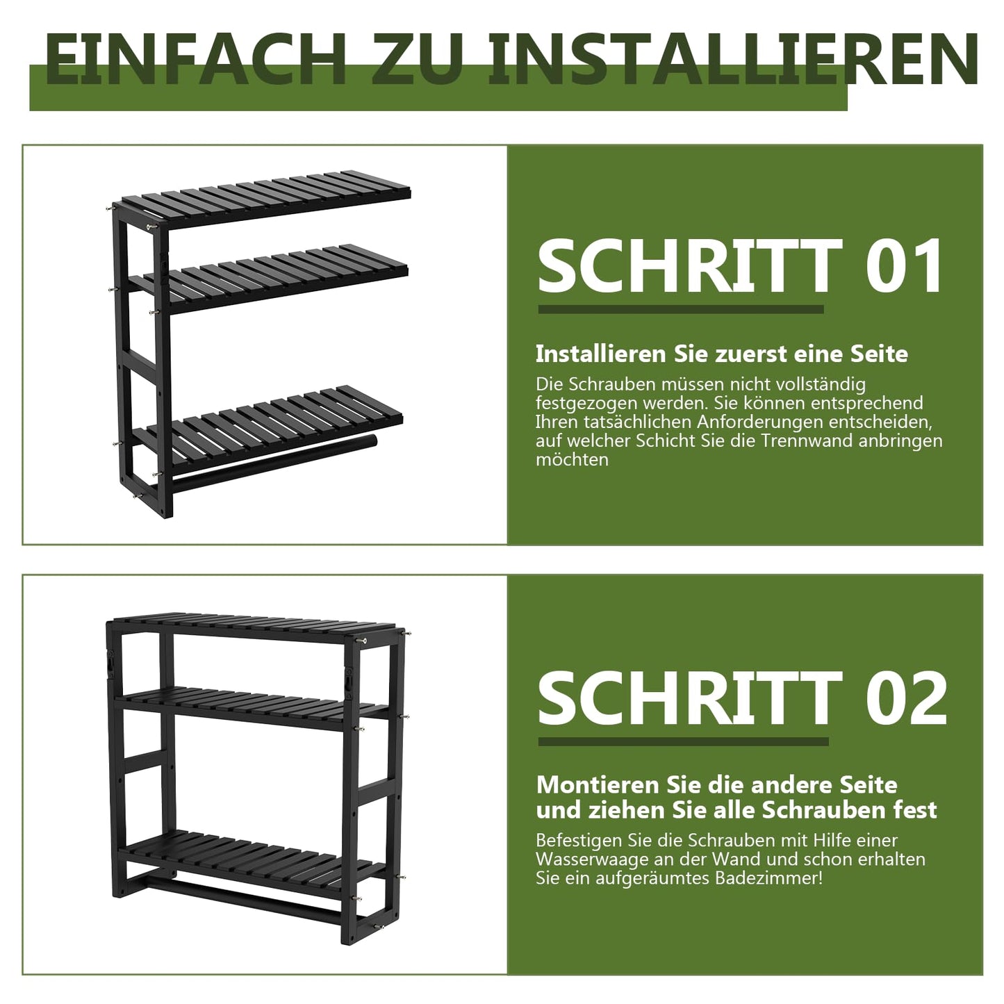 Bamworld Badezimmer Regal Badmöbel Bambus 3 Etagen Organizer Badezimmermöbel Für die Wand Platzsparend Modern (Schwarz)(42x15x42cm)