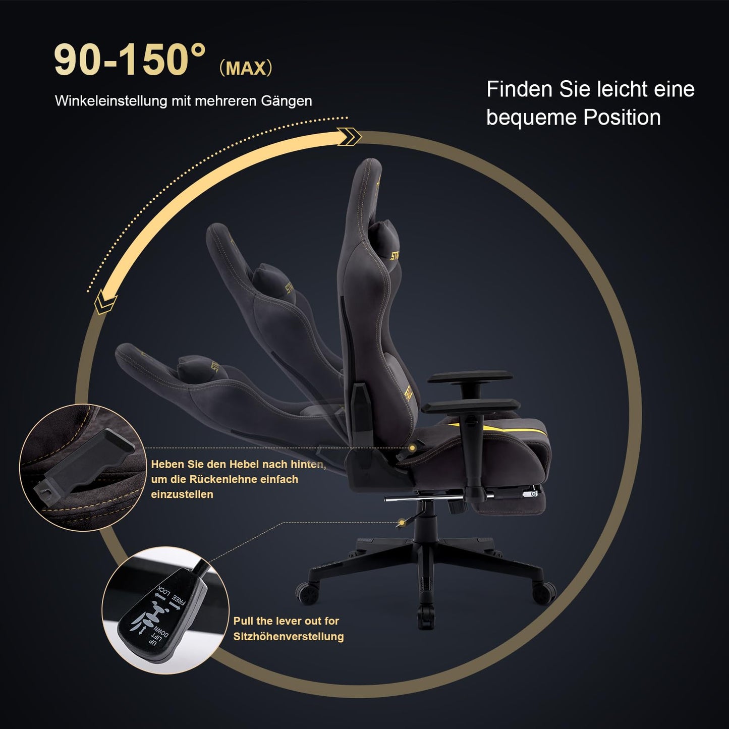 STARUZI Gaming Stuhl aus Wildlederimitat Stoff, Ergonomischer PC Stuhl, Gamer Stuhl mit Fußstütze, Atmungsaktiver Game Drehsessel mit Verstellbare Armlehne, Grau-Grün