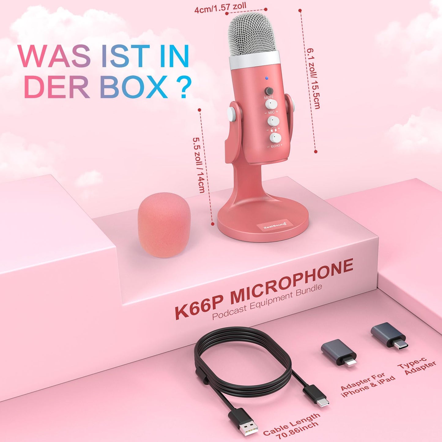 zealsound USB Mikrofon, Kondensator Mikrofon für PC Handy, PS4, PS5, Microphone PC USB C für Gaming, Podcast,Aufnahmen,Streaming,ASMR mit Stumm/Gain/Echo, Adapter für Phone,Kompatibel mit Mac, Winows