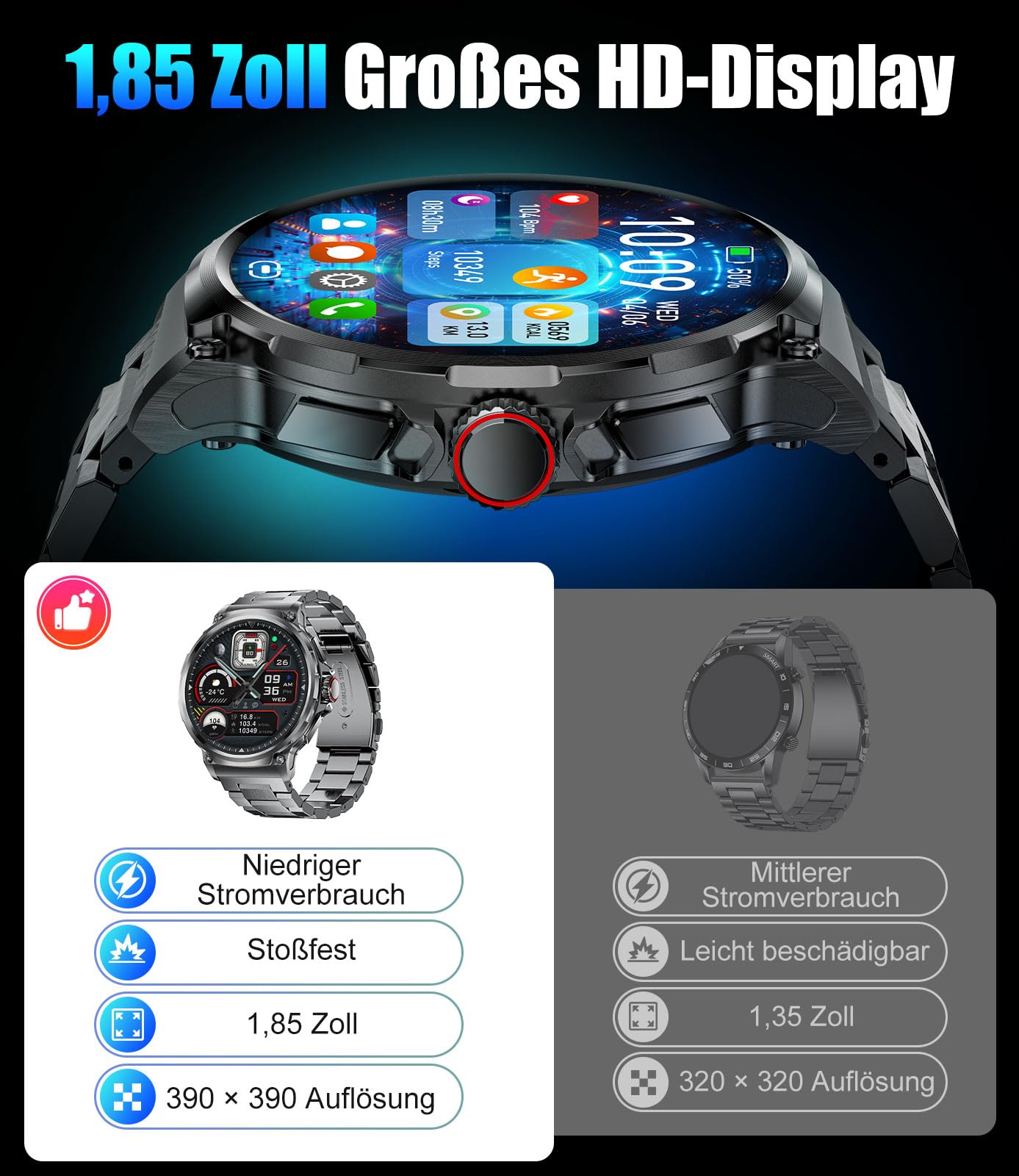 LIGE Men's Smartwatch with Phone Function, 1.85 Inch HD Large Display, 70+ Days Battery Life, Men's Sports Watch with 120+ Sports Modes, Heart Rate / Sleep Monitor, Fitness Watch for iOS Android, 3