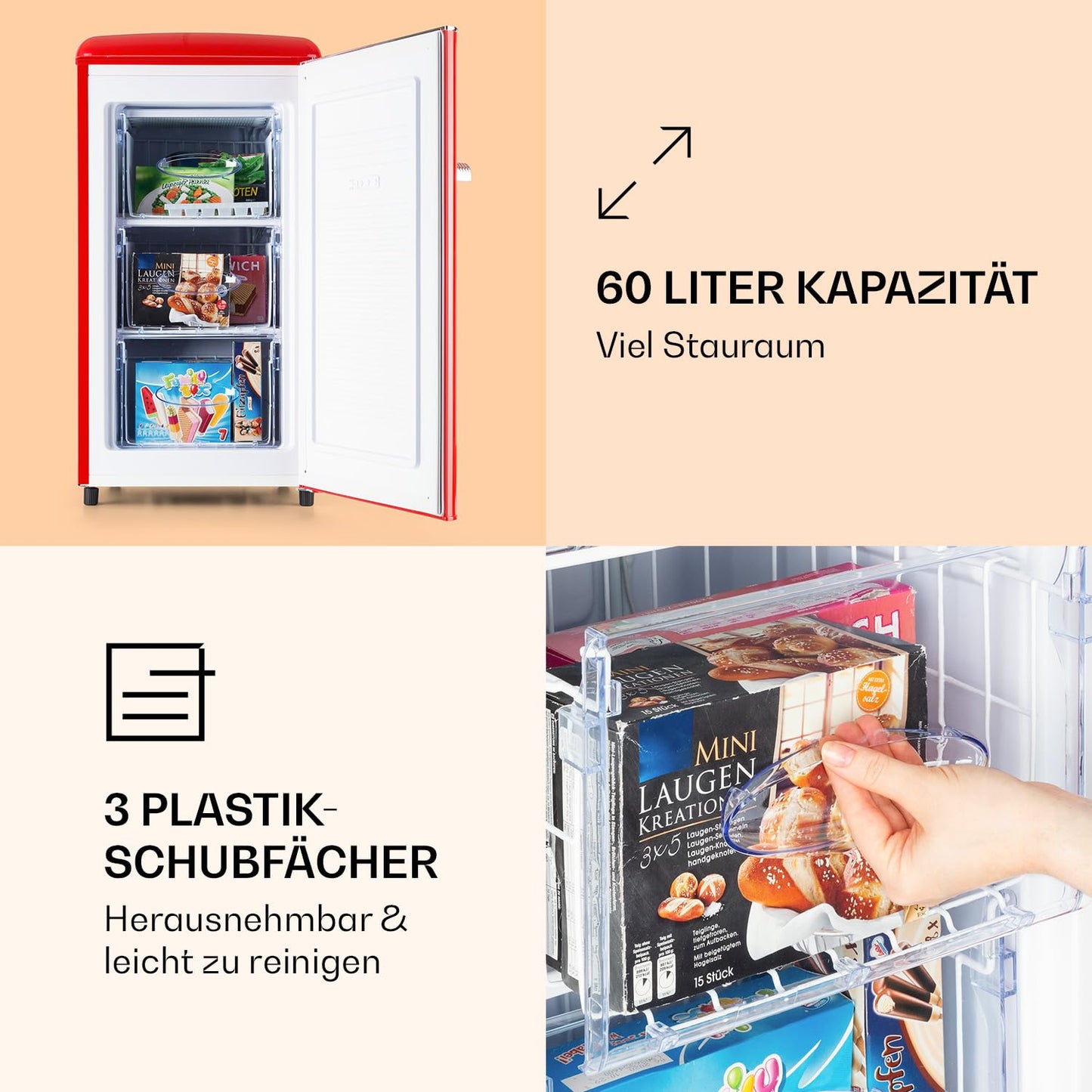 Klarstein Laika freezer - 60 litres total volume, thermostat with 5 levels, 0 to -18 °C, 3 shelves, freestanding, retro design, red