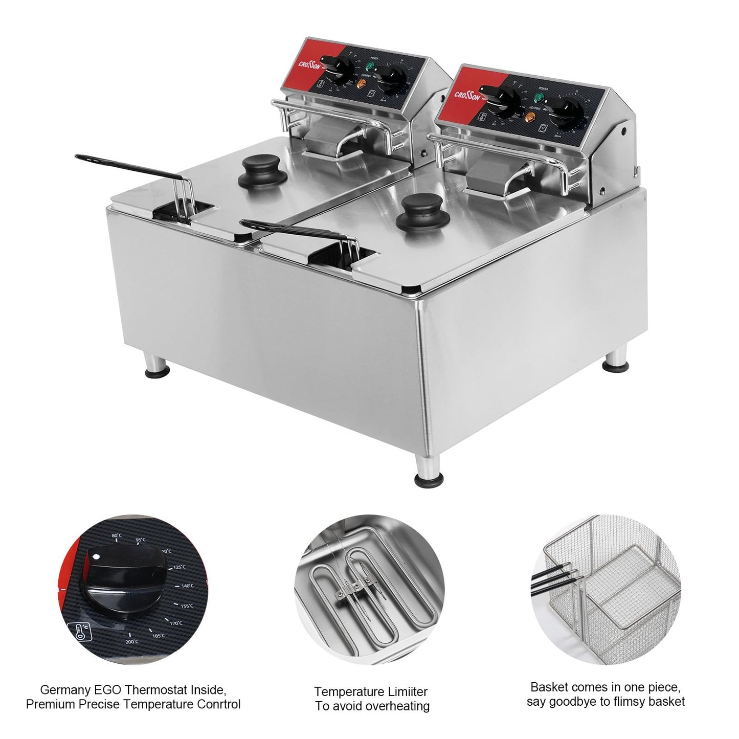 CROSSON 8L elektrische Fritteuse mit EGO-Thermostat, 30-Minuten-Timer, abnehmbarer Ölbehälter, massiver Edelstahlkorb, rotierender Fritteusekopf(8L Single Tank)
