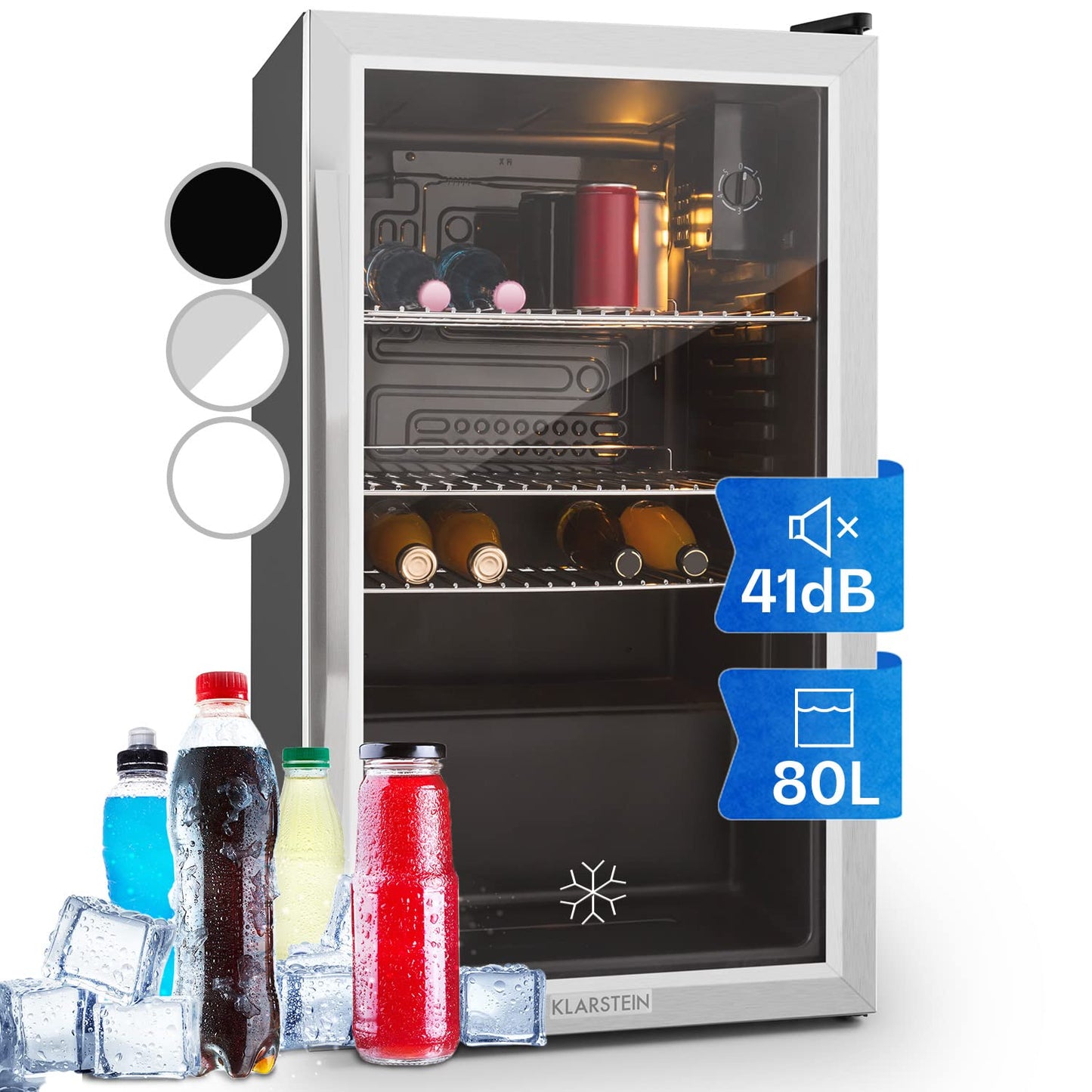 Klarstein Mini Fridge with Glass Door, Mini, for Room, Drinks Fridge Small with Adjustable Shelves, with Waveform Racks, 60 Liter Refrigerator Quiet