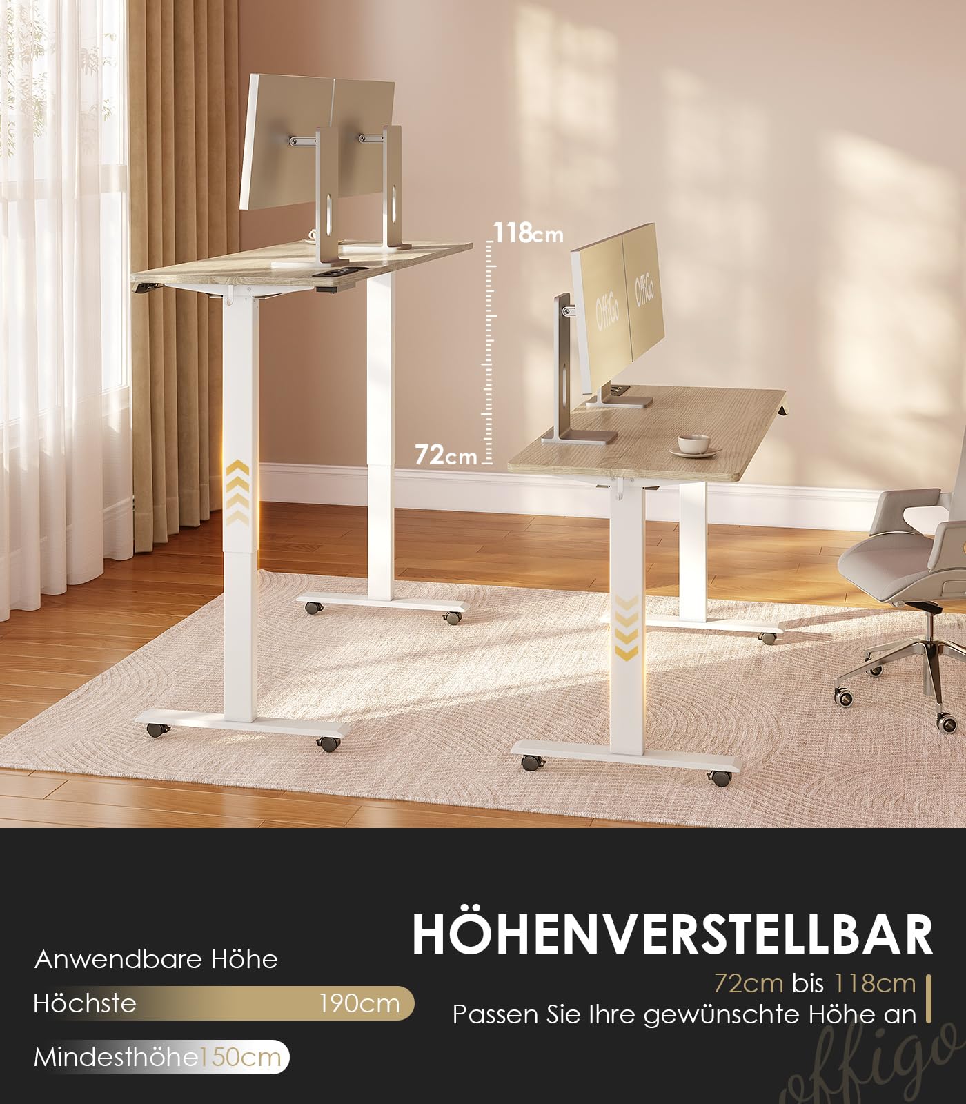 OffiGo Höhenverstellbarer Schreibtisch, 180cm, Elektrischer Schreibtisch mit USB, Schreibtisch Höhenverstellbar mit 2 Memory Funktion, Tisch Höhenverstellbar für Büro, Zuhause, Gaming, Schwarz