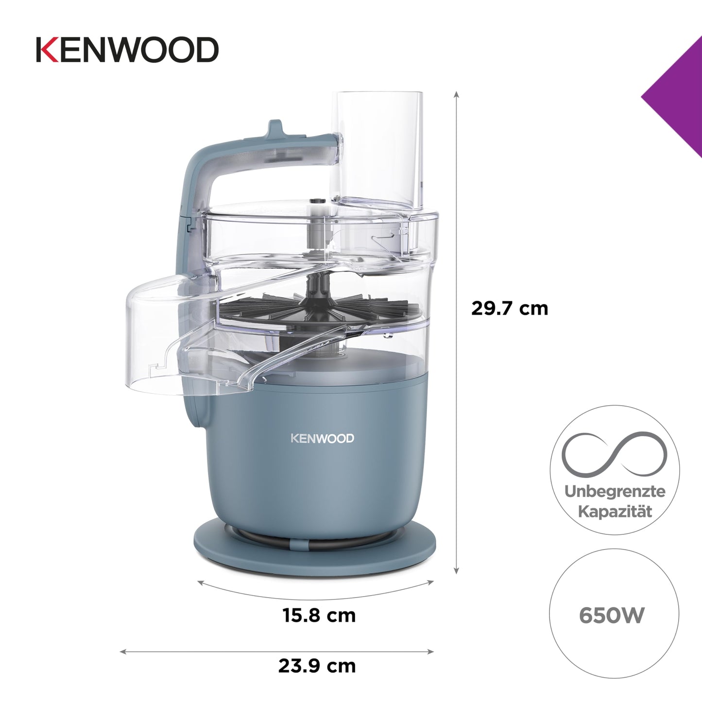 Kenwood MultiPro Go FDP22.130GY, Kompakt-Küchenmaschine nur 30cm hoch, zum Schneiden, Reiben, Pürieren und Teig Kneten, Express-Serve, 1,3 l Arbeitsbehälter, 650 W, Blau