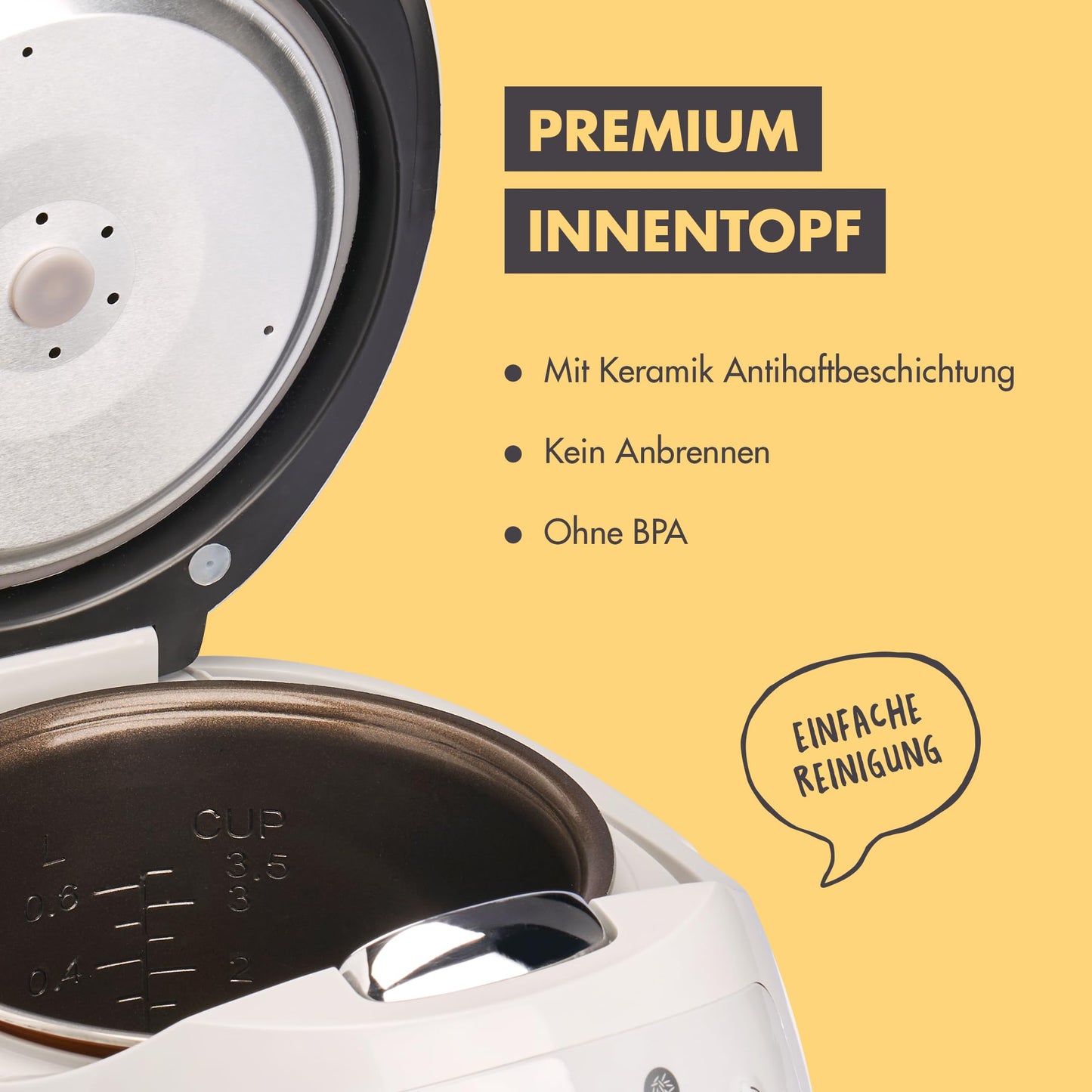 REISHUNGER Digitaler Reiskocher klein, schwarz | 0,6 L bis 3 Personen | Warmhaltefunktion, Timer & Premium Topf | Kleiner Multikocher & Dampfgarer, 8 Programme, 7-Phasen-Technologie