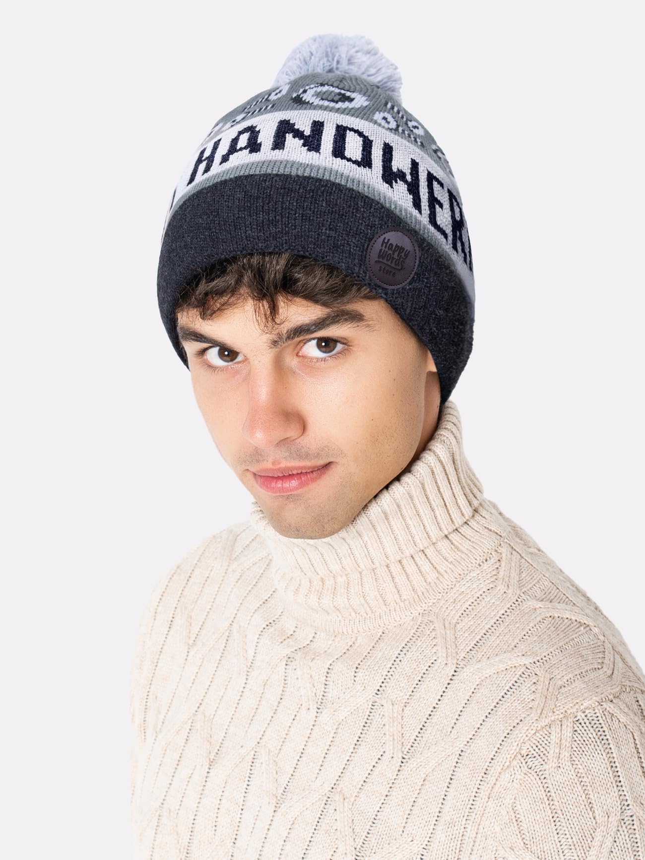 Happy Words Hats, Hats & Caps for Men and Women - Men's Hat with Bobble - Warm Winter Hat with Colourful Pattern - Knitted Hat Made of Acrylic Fabric - Gifts for Women and Men