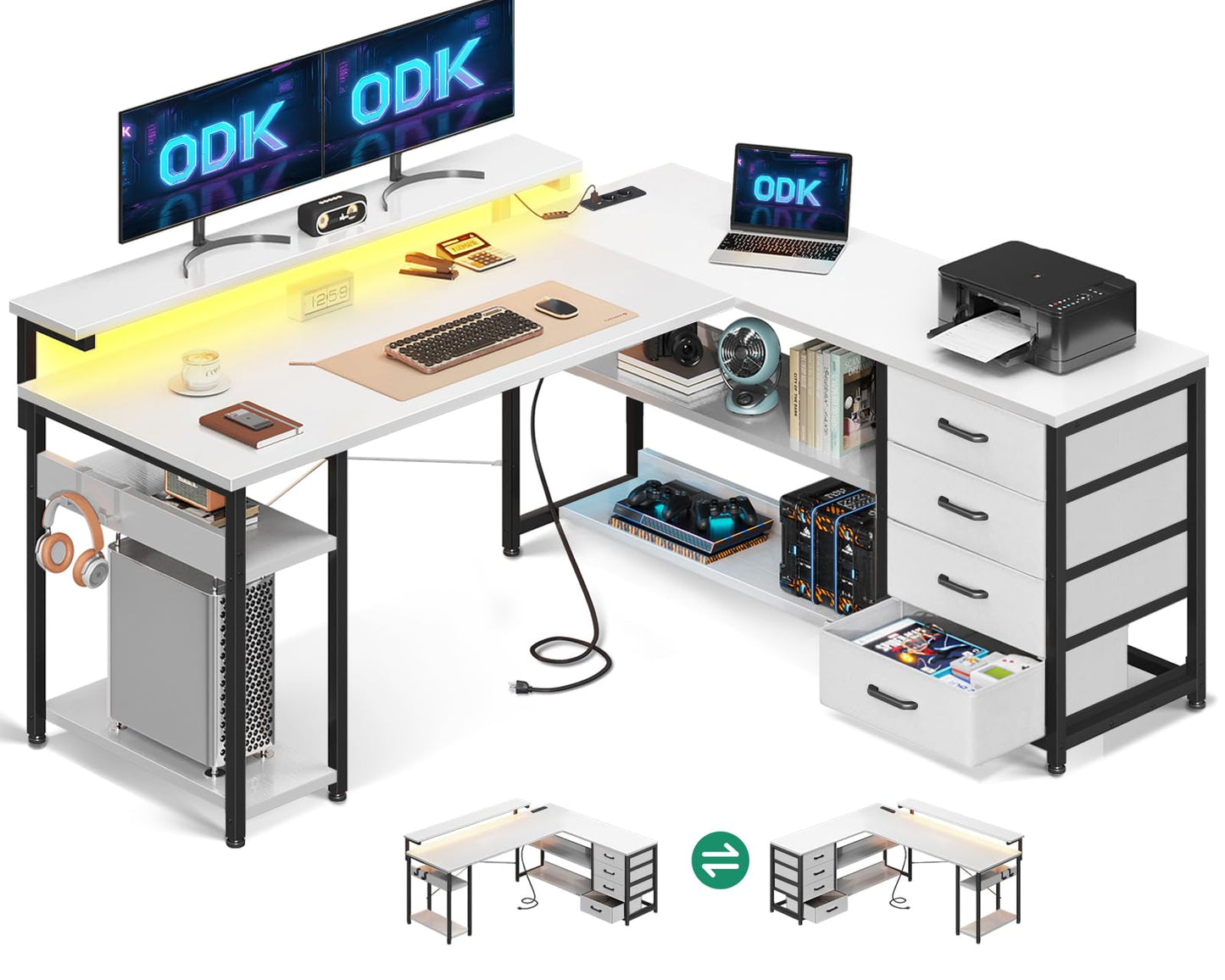 ODK Schreibtisch mit Schubladen, Reversible Eckschreibtisch mit 2 Steckdosen und 2 USB Ladeanschluss, Bürotisch L Form mit LED für Home Office 135×110cm (Schwarz)