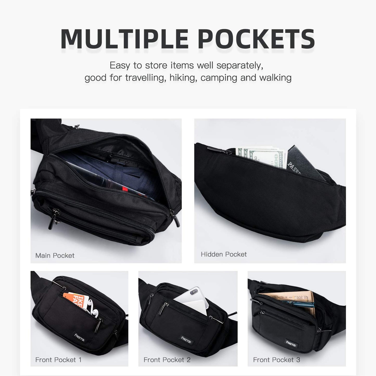 FREETOO Waist Bag – Waterproof Fanny Pack with 6 Zippered Pockets