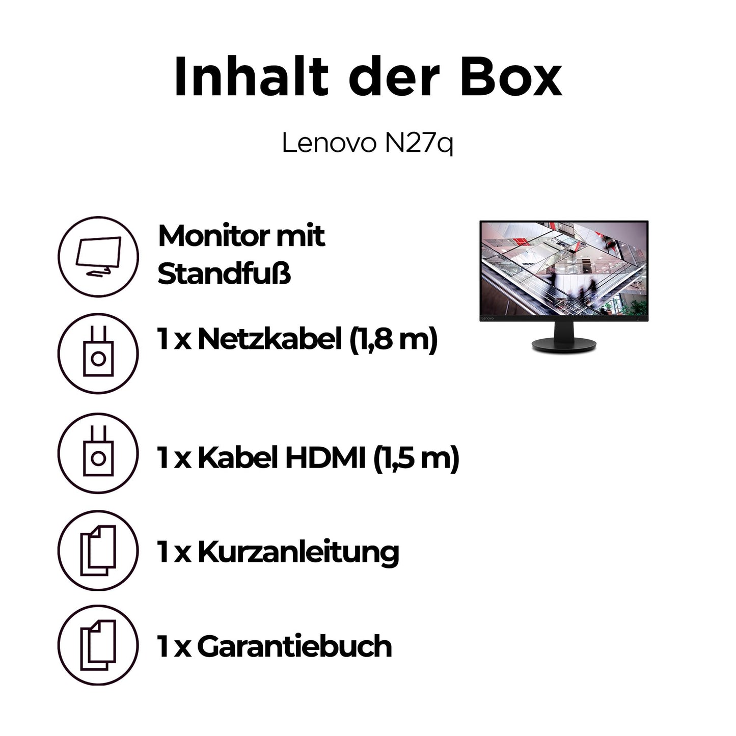 Lenovo N27q | 27" QHD Monitor | 2560x1440 | 100Hz | 300 nits | 4ms Reaktionszeit | HDMI | DisplayPort | schwarz