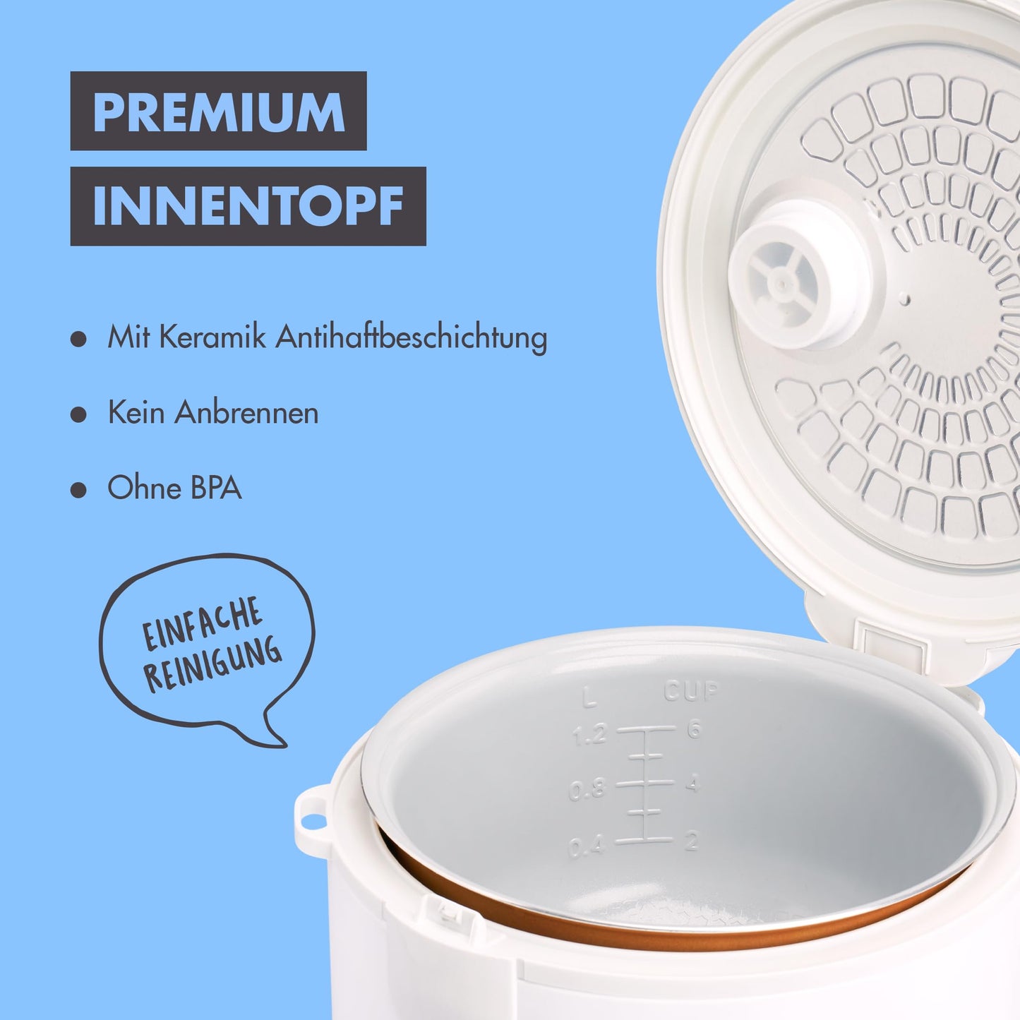 REISHUNGER Reiskocher & Dampfgarer mit Keramikbeschichtung - 1,2 L, Schwarz - Für 1-6 Personen - Schnelle Zubereitung ohne Anbrennen - Mit Warmhaltefunktion inkl. Dämpfeinsatz, Löffel & Messbecher