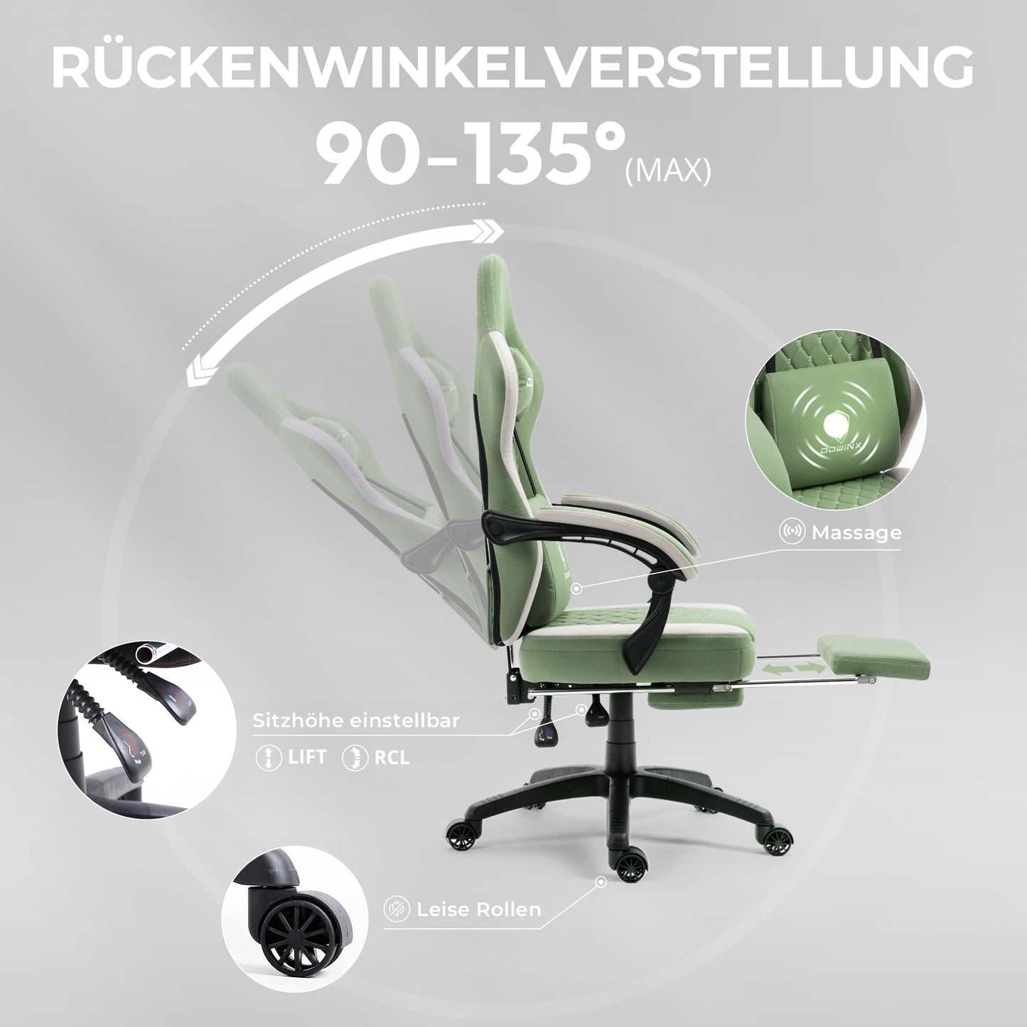 Dowinx Gaming Chair Fabric with Gel Pad, Massage Gaming Chair with Footrest, Ergonomic PC Chair, Gamer Chair with Storage Bag, Office Chair, 150 kg Load Capacity, Grey