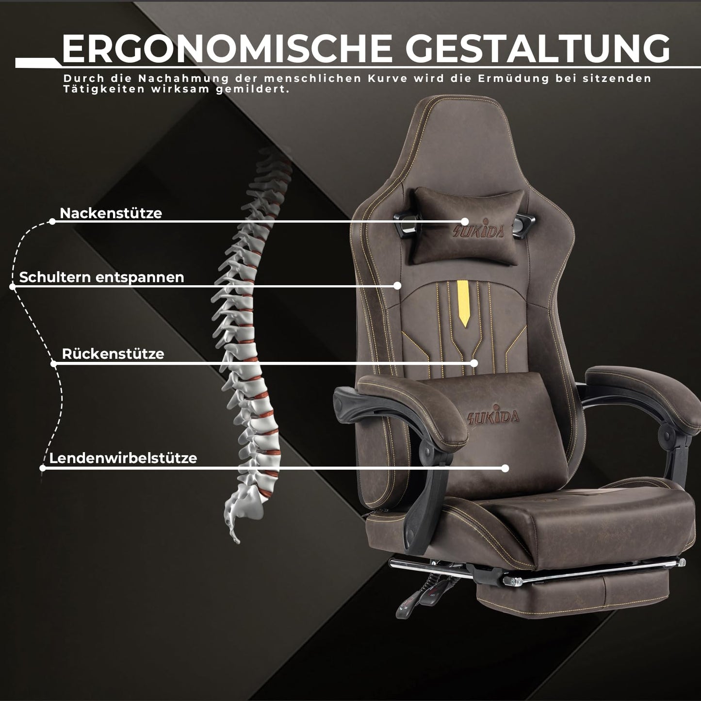 SUKIDA Gaming Stuhl Computerstuhl Ergonomischer Gaming Chair mit Fußstütze Bürostuhl Ergonomischer Computerstuhl mit Lendenwirbelstütze Schwarz