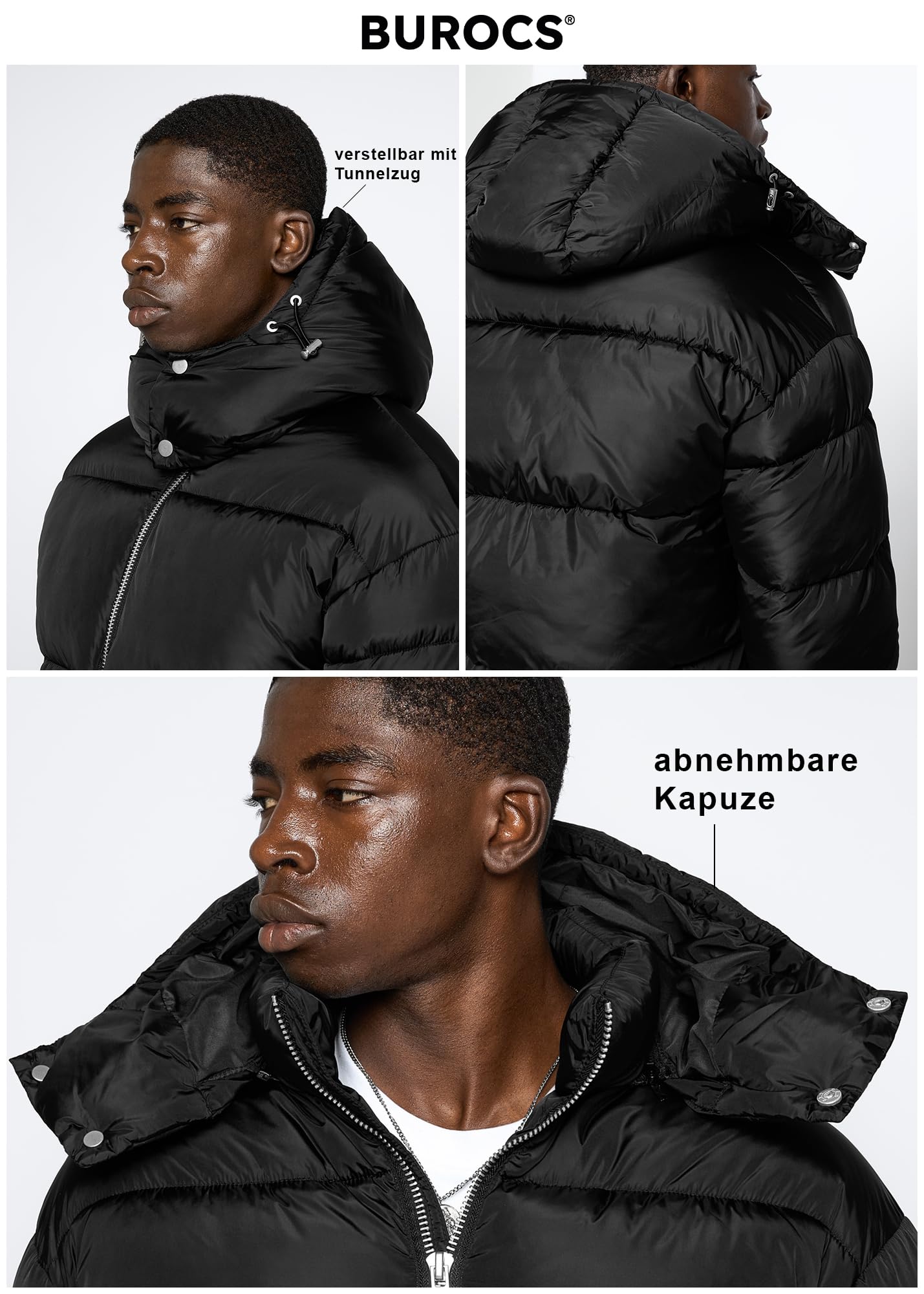 Burocs Hooded Puffer Jacket - Black - Jacke Herren - 2-Wege-Reißverschluss - abnehmbare Kapuze - Logo am Rücken - Kordelzug