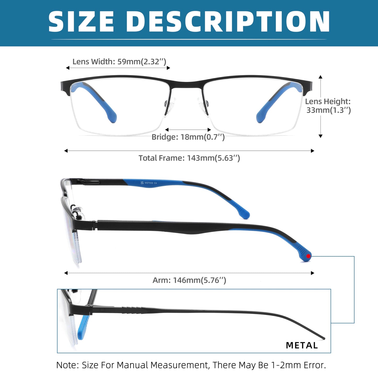 MODFANS 3er-Pack Lesebrille Herren Blaulichtfilter Metallrahmen Rechteck Stil Edelstahl Material