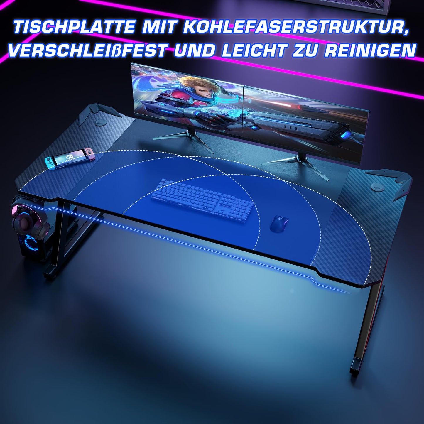 Homall Gaming Table, 80 x 52 cm, Z-Frame Gamer Desk with Headphone Hooks & Drink Holder, Carbon Coating, Ergonomic PC Computer Desk, Sturdy Table