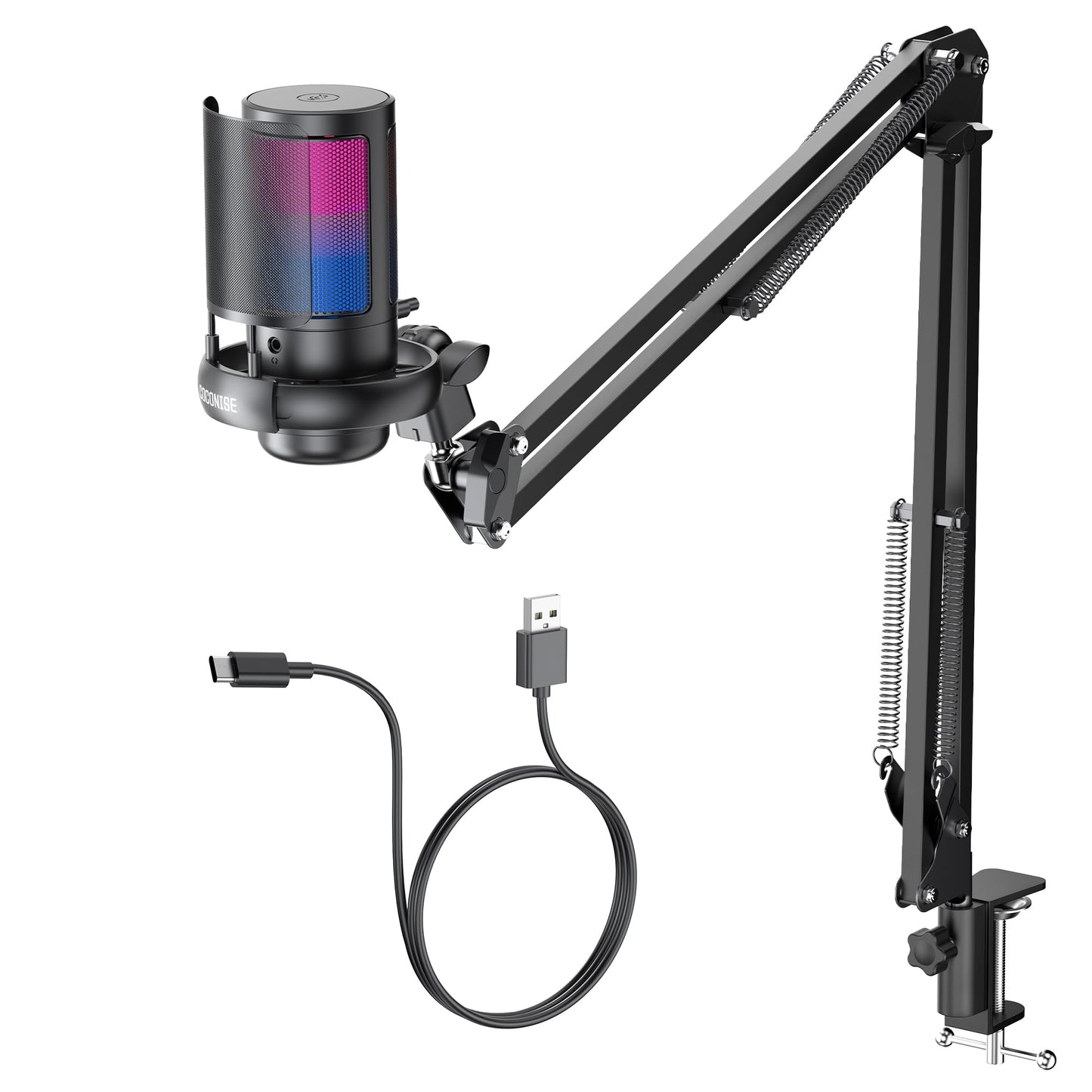 Gaming Mikrofon PC RGB, COCONISE, für Streaming Podcast Studio, USB Microphone für PS4 PS5 Mac, Ein-Klick-Stummschaltung, Mit 3,5-mm-Kopfhöreranschluss,Drehregler zum Einstellen der Lautstärke