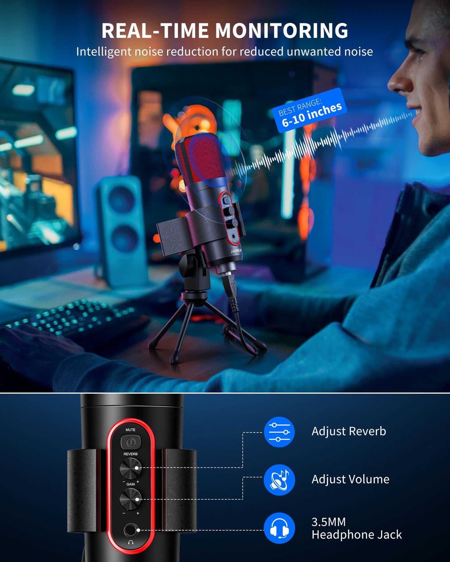JAMELO USB Mikrofon, Kondensatormikrofon RGB Effekt PC Gaming Mikrofon mit Stummschaltung & Nachhall USB Mikrofon Tisch für Live-Streaming, Podcasting Gesangs- und Instrumentenaufnahmen