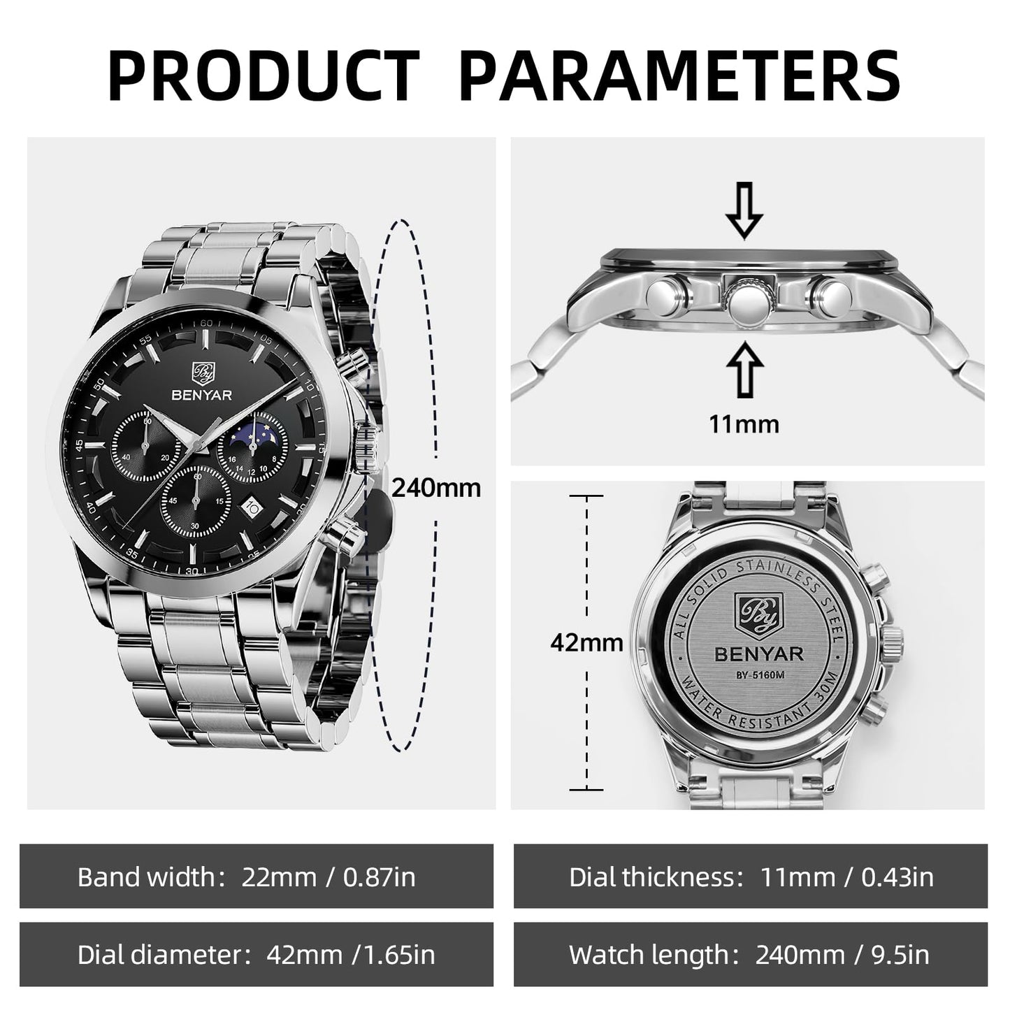 BY BENYAR Uhren Herren Chronograph Analog Quarz Wasserdicht Armbanduhr Herren Mode Lässig Business Herrenuhr mit Kalender Lederarmband/Edelstahlarmband Uhr Geschenk für Männer