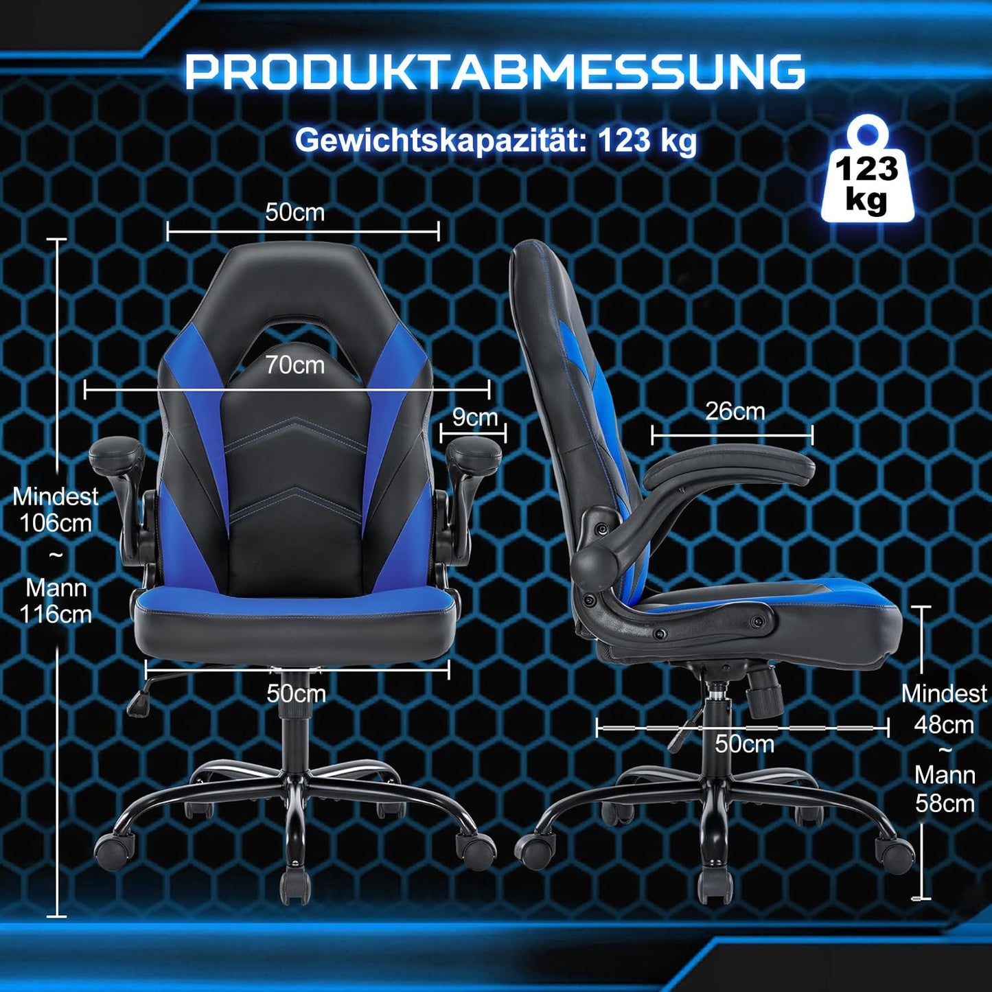 DUMOS Gaming Chair - Ergonomic Gaming Chair, Adjustable Swivel Gaming Chair Made of PU Leather with Folding Armrests, Suitable for Home, Offices etc. (Black-Gray)